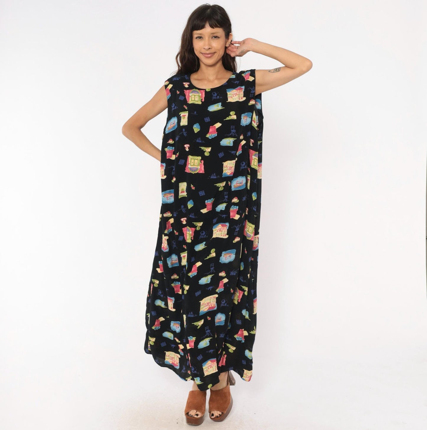 90s Positive Attitude Village Print Maxi Dress Black Plus Size 1X
