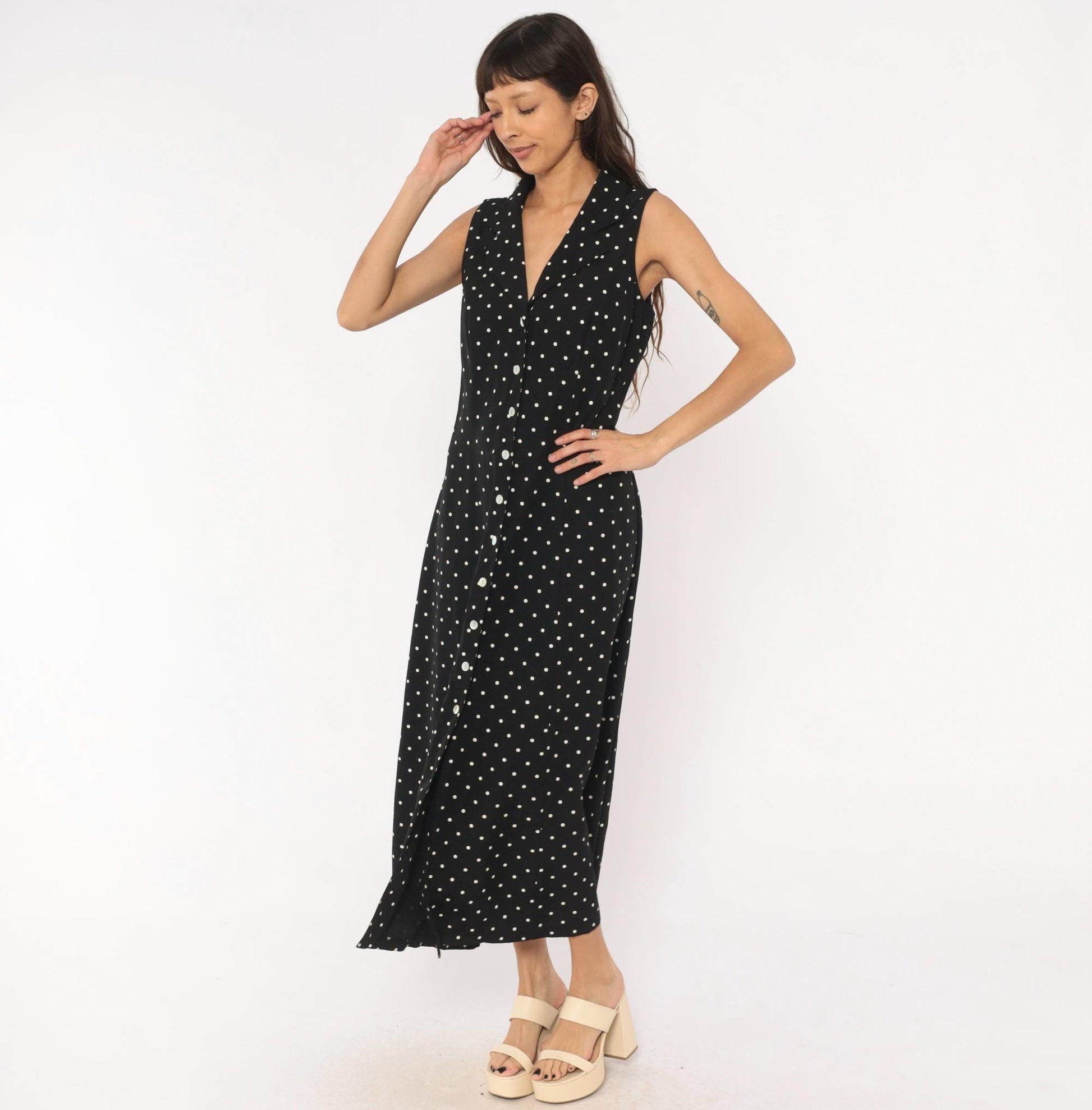 90s Dressbarn Black White Polka Dot Maxi Dress V Neck Button Front Large L