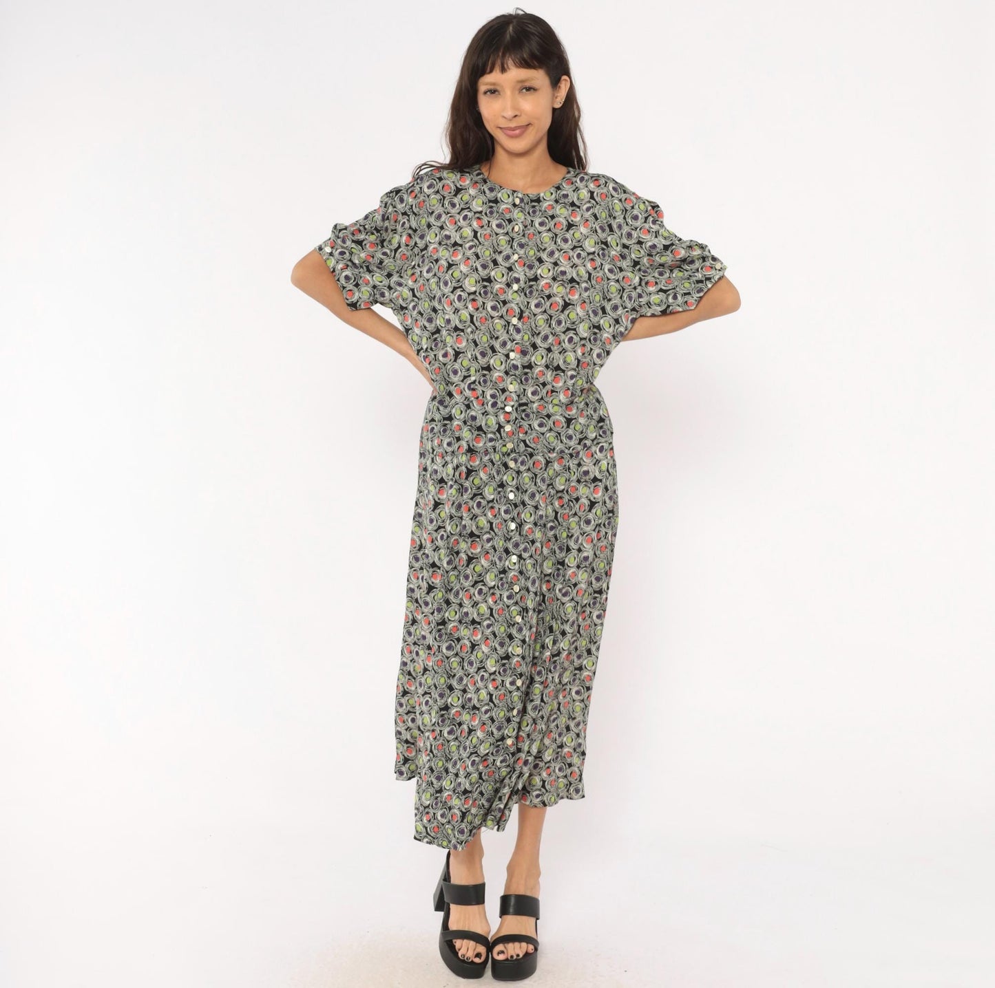 90s Liz Claiborne Maxi Dress Abstract Swirl Print Black Purple Green Coral Large L