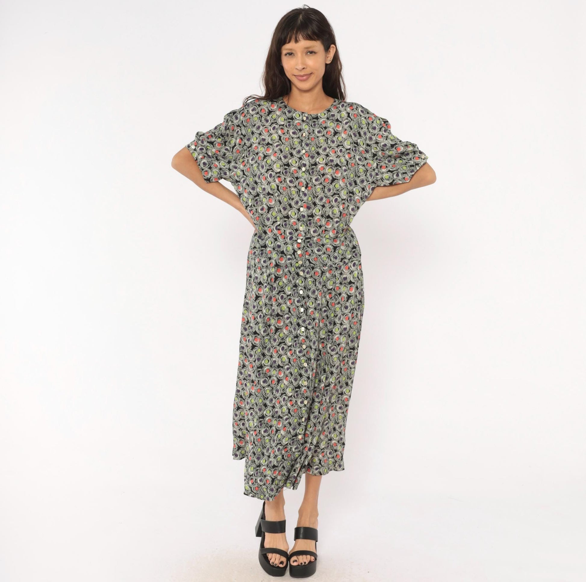 90s Liz Claiborne Maxi Dress Abstract Swirl Print Black Purple Green Coral Large L