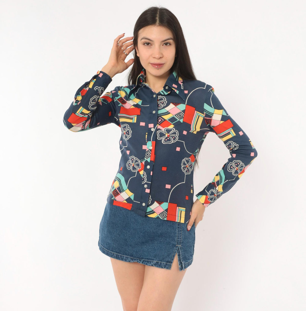 70s Panther Navy Geometric Floral Button Front Blouse Long Sleeve Small