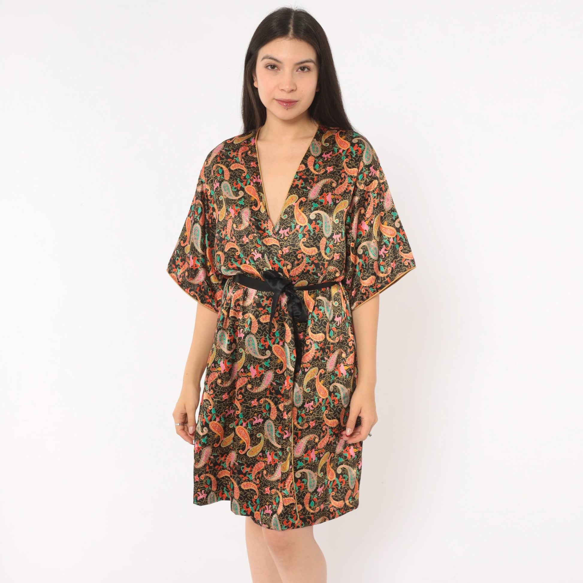 90s Barbizon Paisley Kimono Robe Wrap Front Tie Belt Black Gold Teal Pink Small