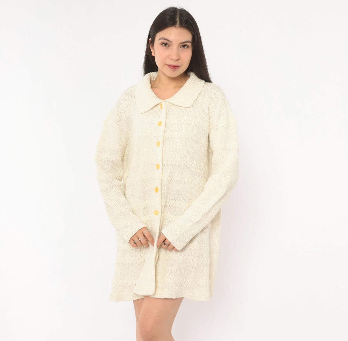 70s Cream Knit Cardigan Button Front Lacework Bands Long Sleeve Extra Large XL