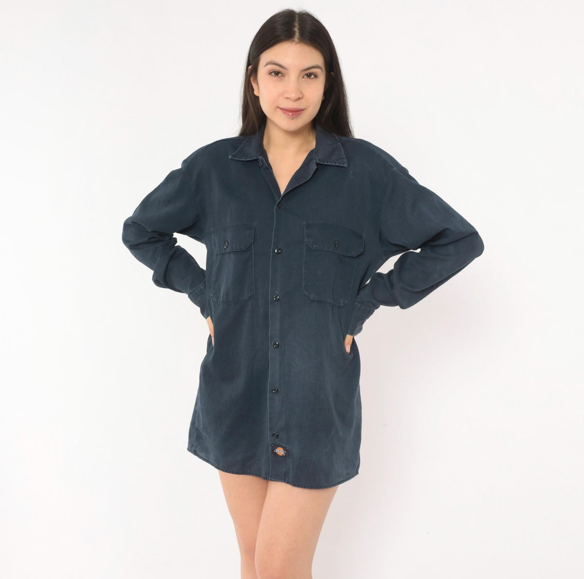 2000s Dickies Navy Work Shirt Button Front Camp Collar Small S