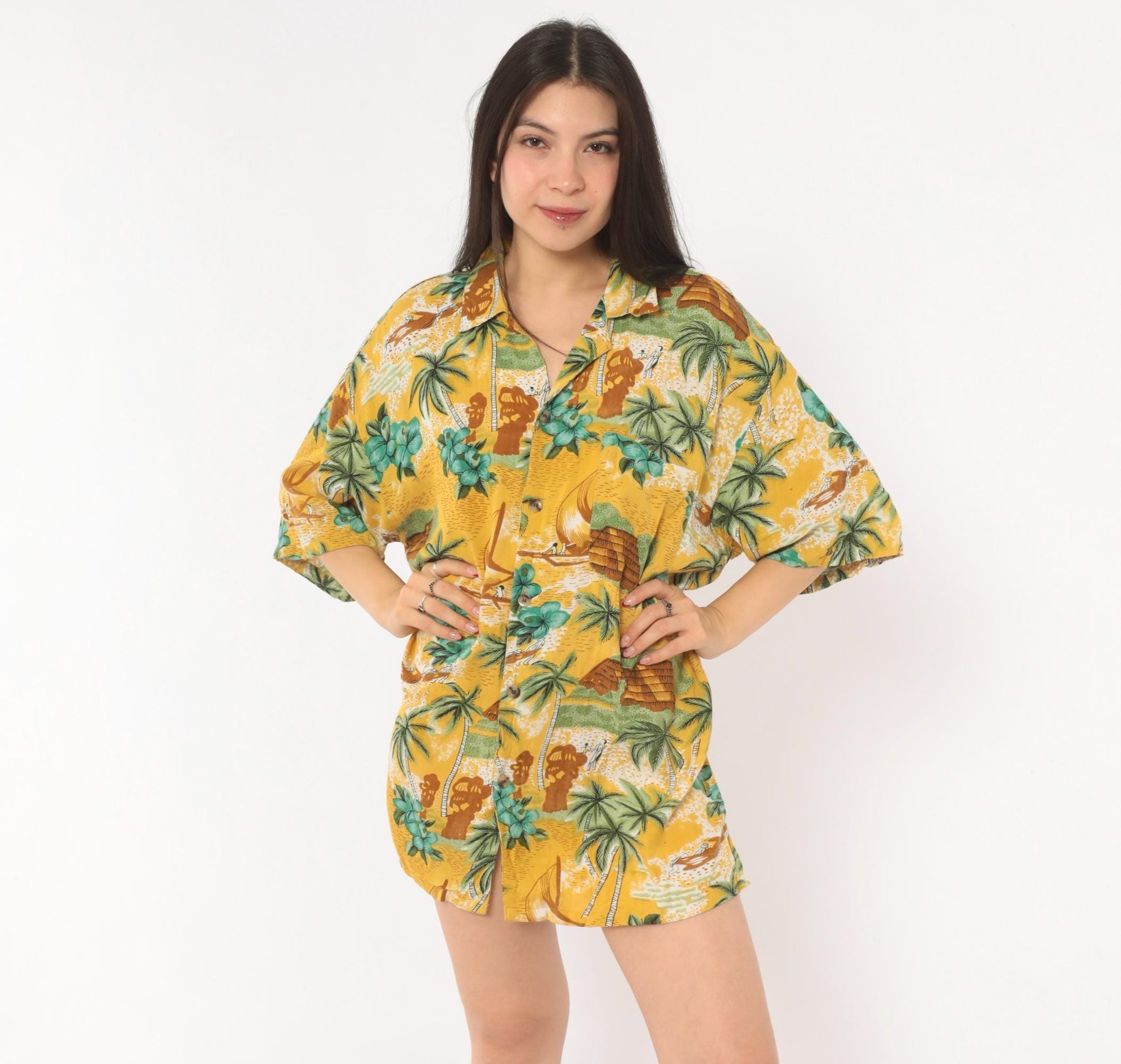 2000s Bullseye Hawaiian Camp Collar Shirt Yellow Tropical Scenic Large L