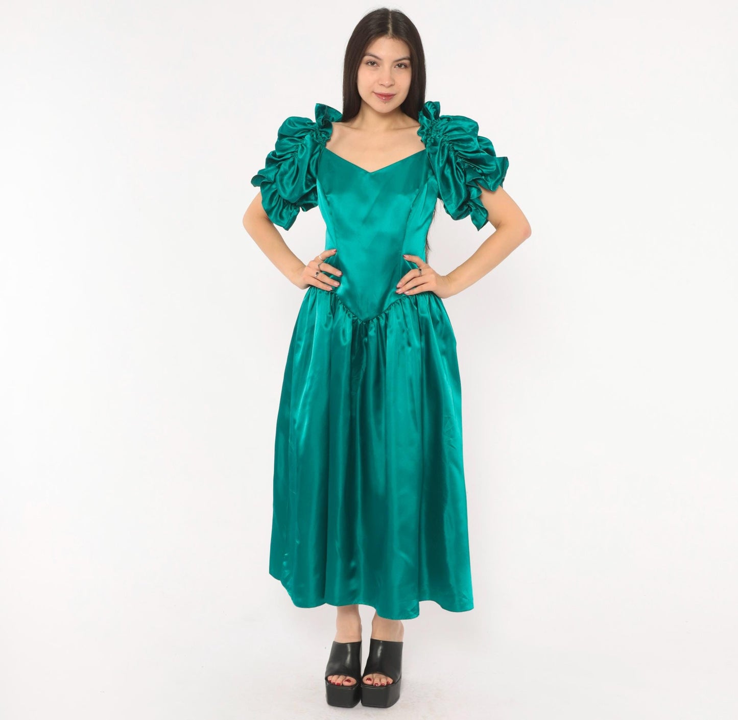 80s Teal Satin Gown Sweetheart Neckline Puff Sleeve Drop Waist Small