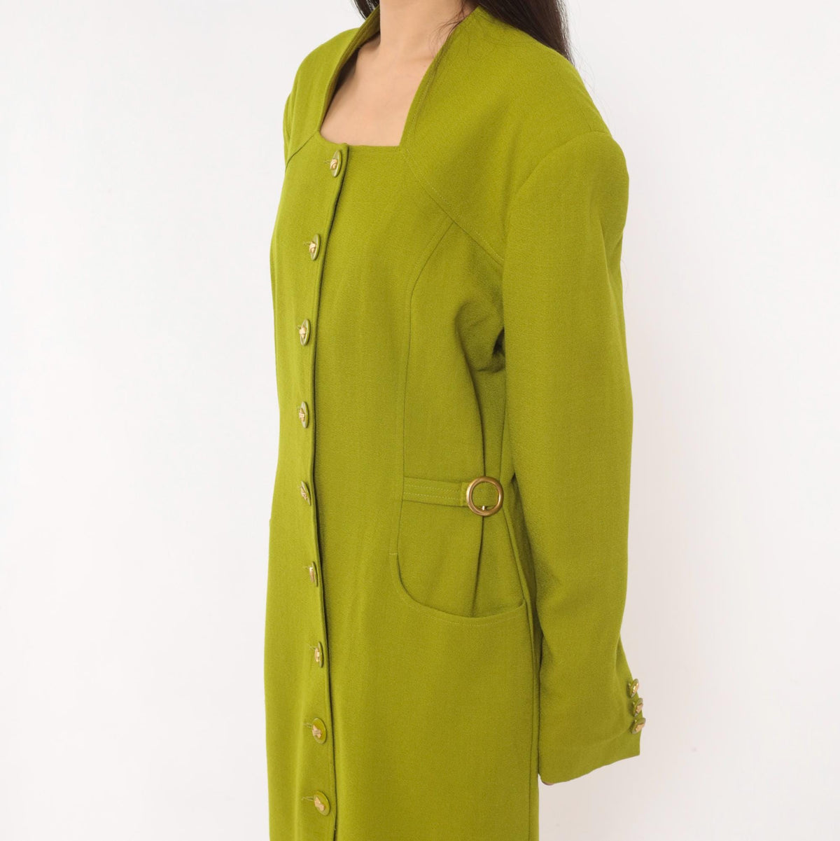 80s Lauren Taylor Wool Coat Dress Olive Green Gold Buttons Power Dressing Large L