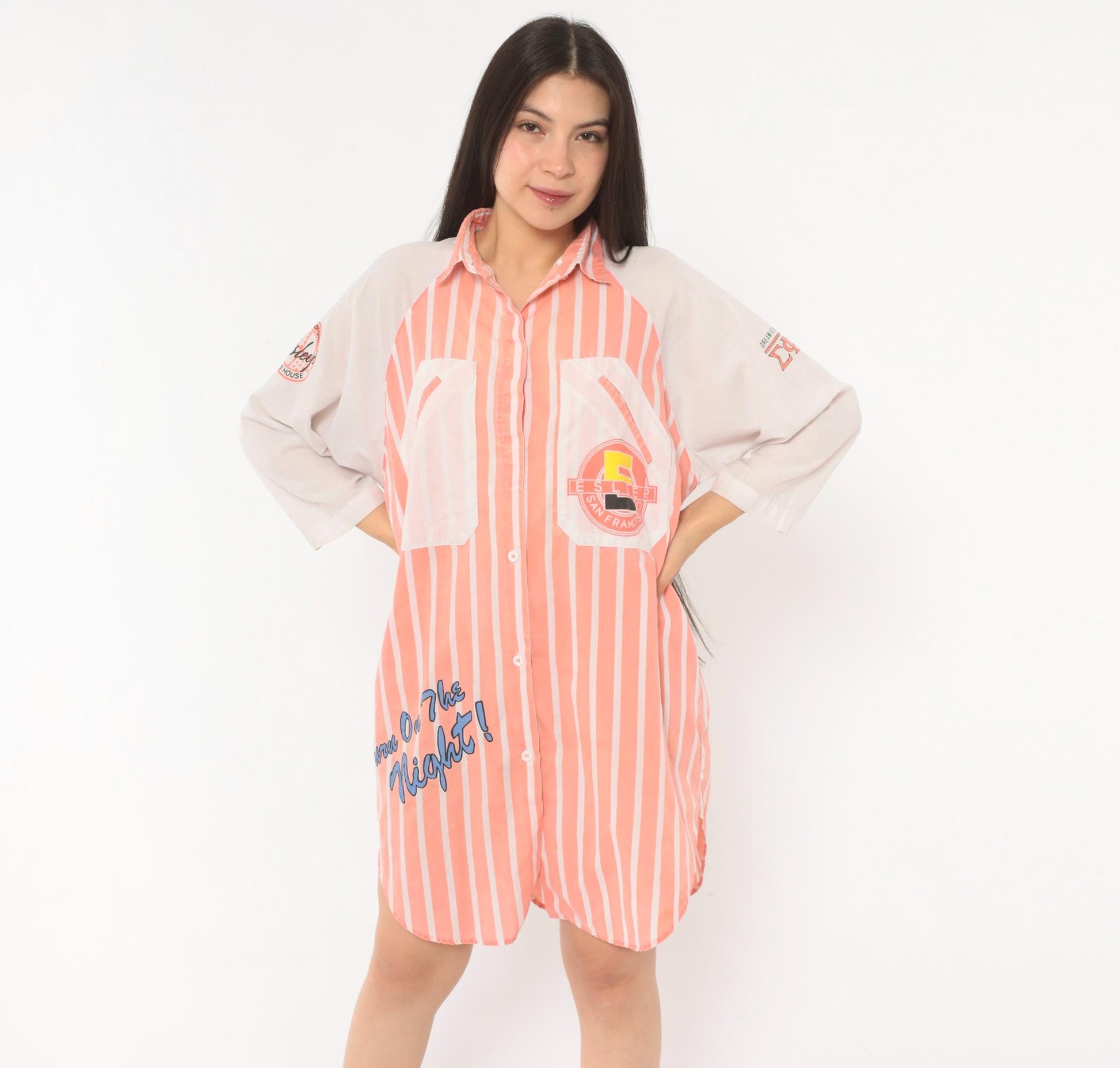 90s Esleep Pink Striped Sleep Shirt Knee-Length Raglan Nightgown Small