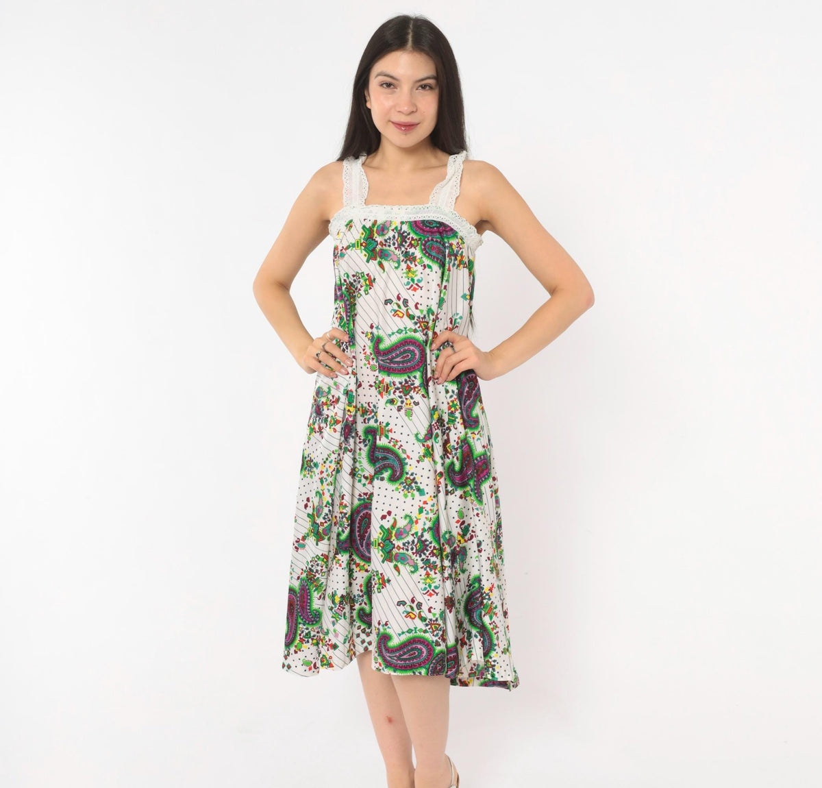 70s Paisley Floral Sundress White Green Purple Eyelet Lace Midi Extra Small