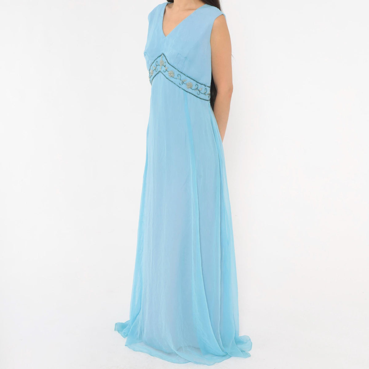 70s Elgin Dress Sky Blue Empire Waist Maxi Gown Beaded V Neck Large L