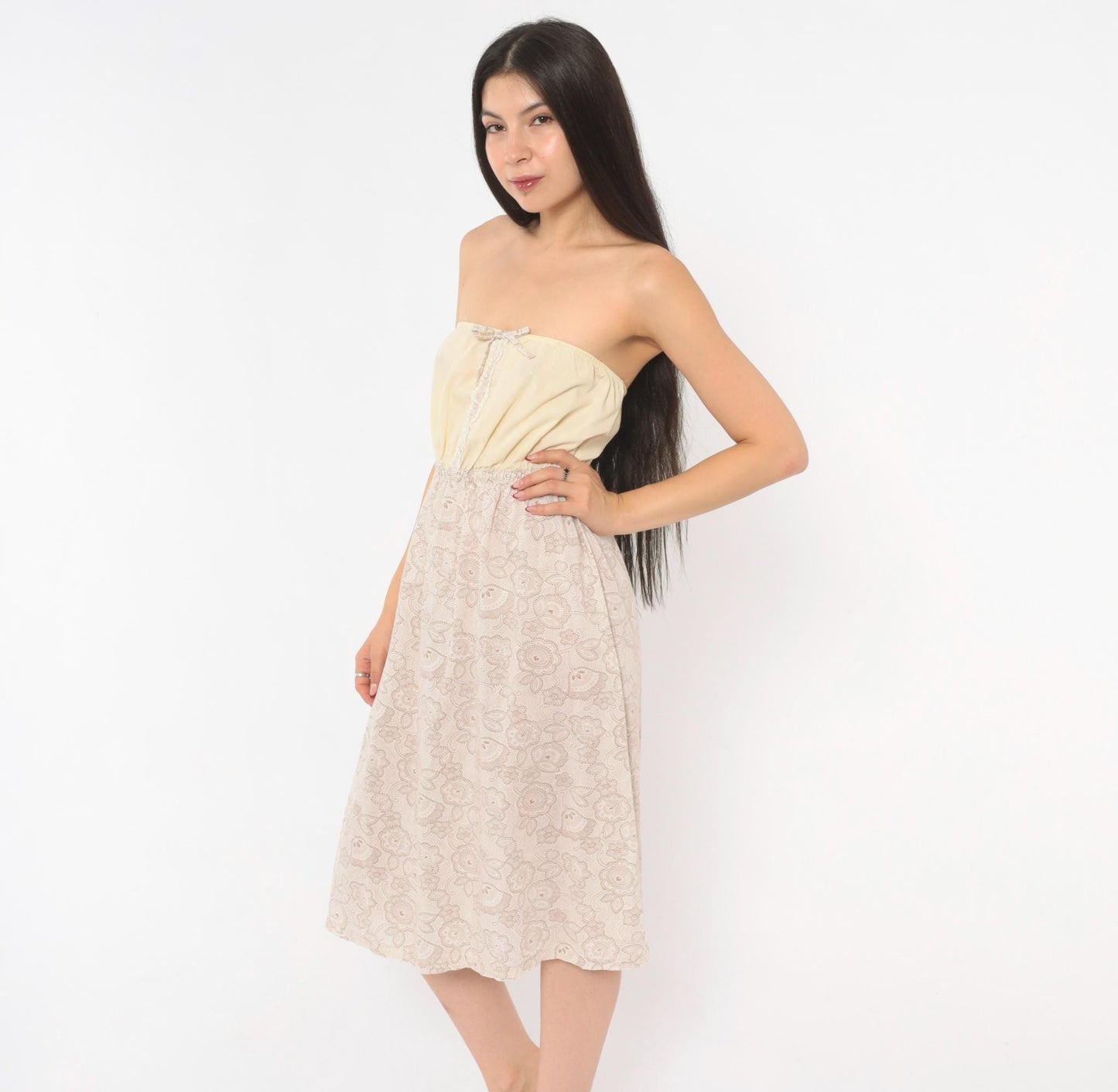 90s Cream Paisley Strapless Sundress Floral Print Lace Trim Small