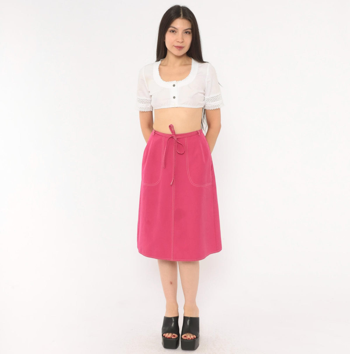 80s Koret Hot Pink A-Line Skirt Tie Waist Patch Pockets Small Medium