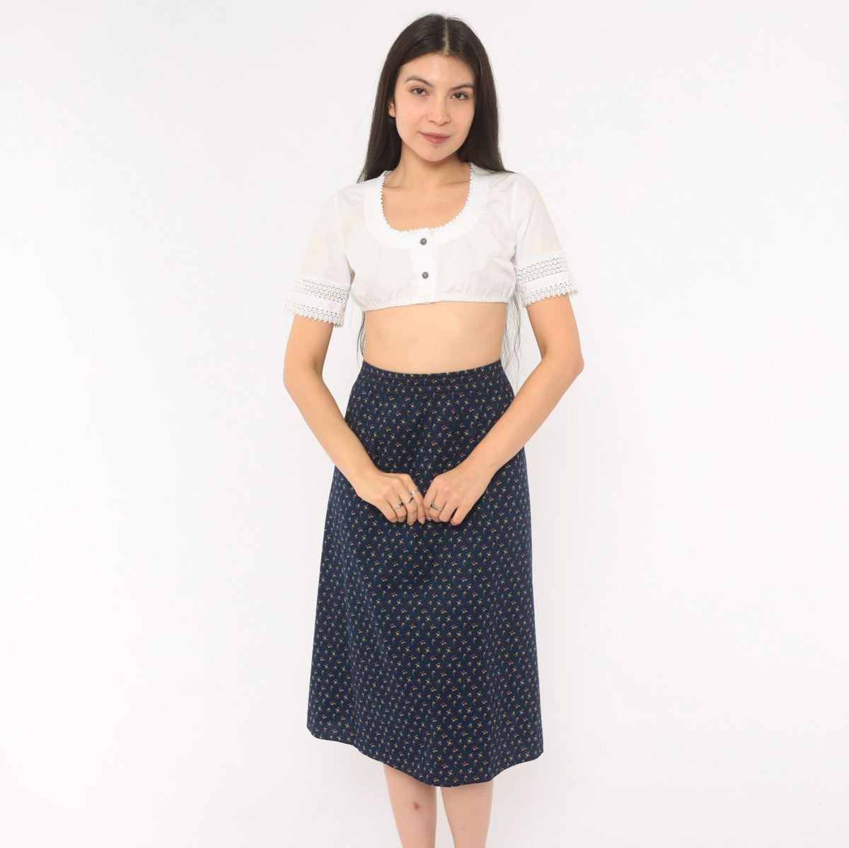 70s Faa 1st American Apparel Floral A-Line Skirt Navy Cotton Knee Length Large