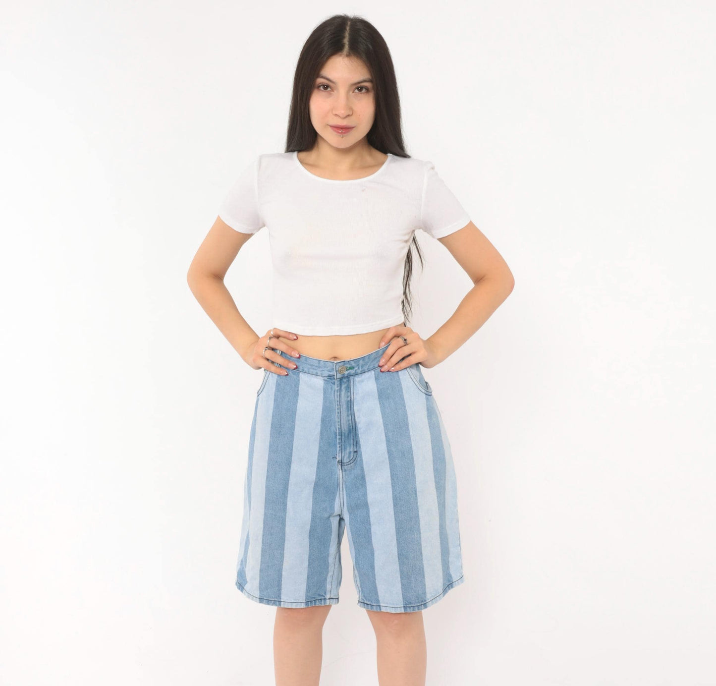 00s Tommy Hilfiger Striped Denim Bermuda Shorts Light Blue High Rise Large L