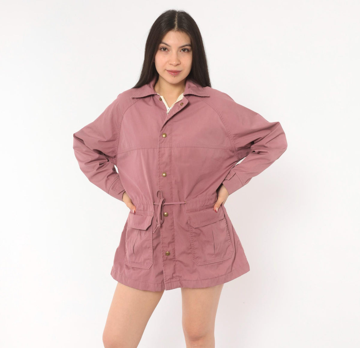 80s Woolrich Woman Mauve Jacket Snap Button Drawstring Waist Medium M