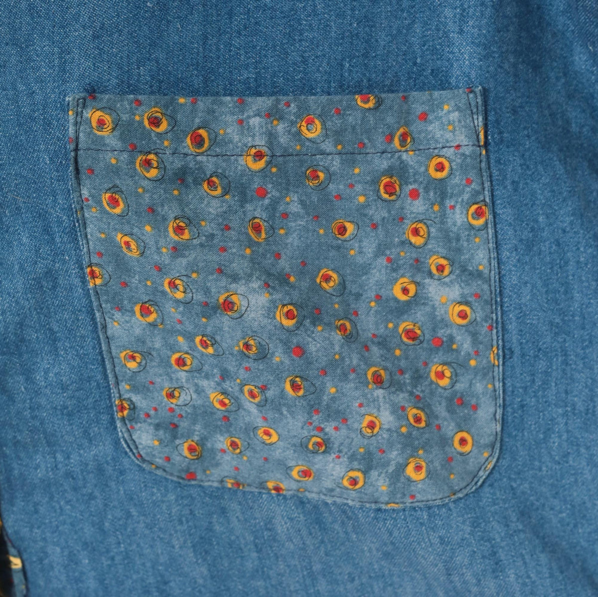 90s St. Jeanne Denim Shirt Patchwork Print Button Front Cotton Extra Large XL