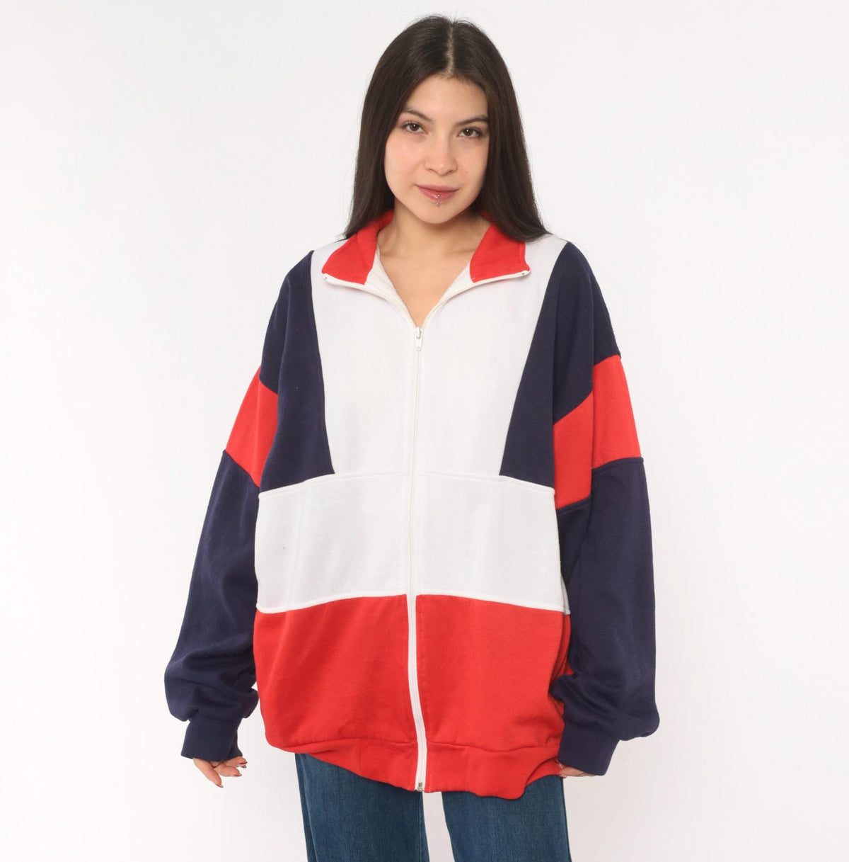 80s Active Wear Color Block Zip Jacket Navy Red White Striped Men's Large