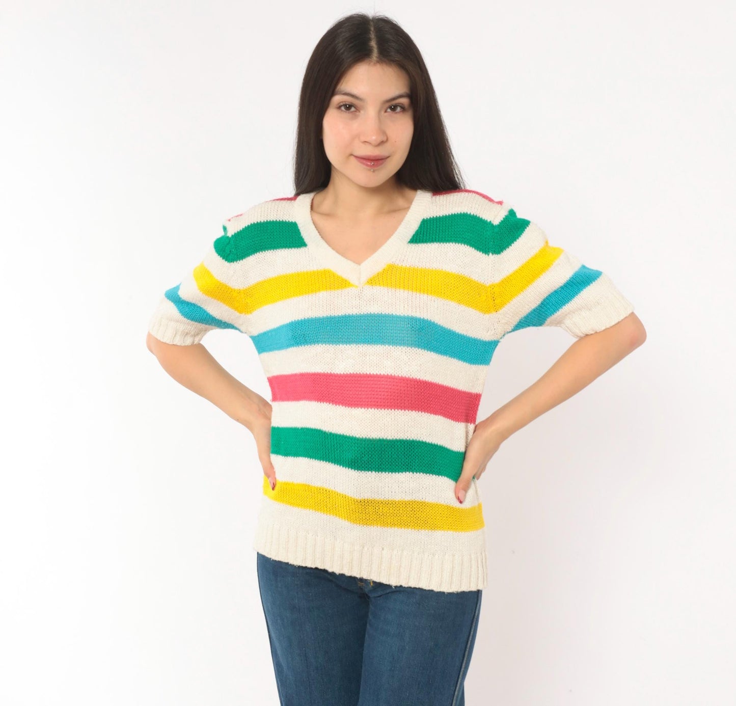 90s Brittania Rainbow Stripe V-Neck Knit Pullover Cream Cotton Medium M