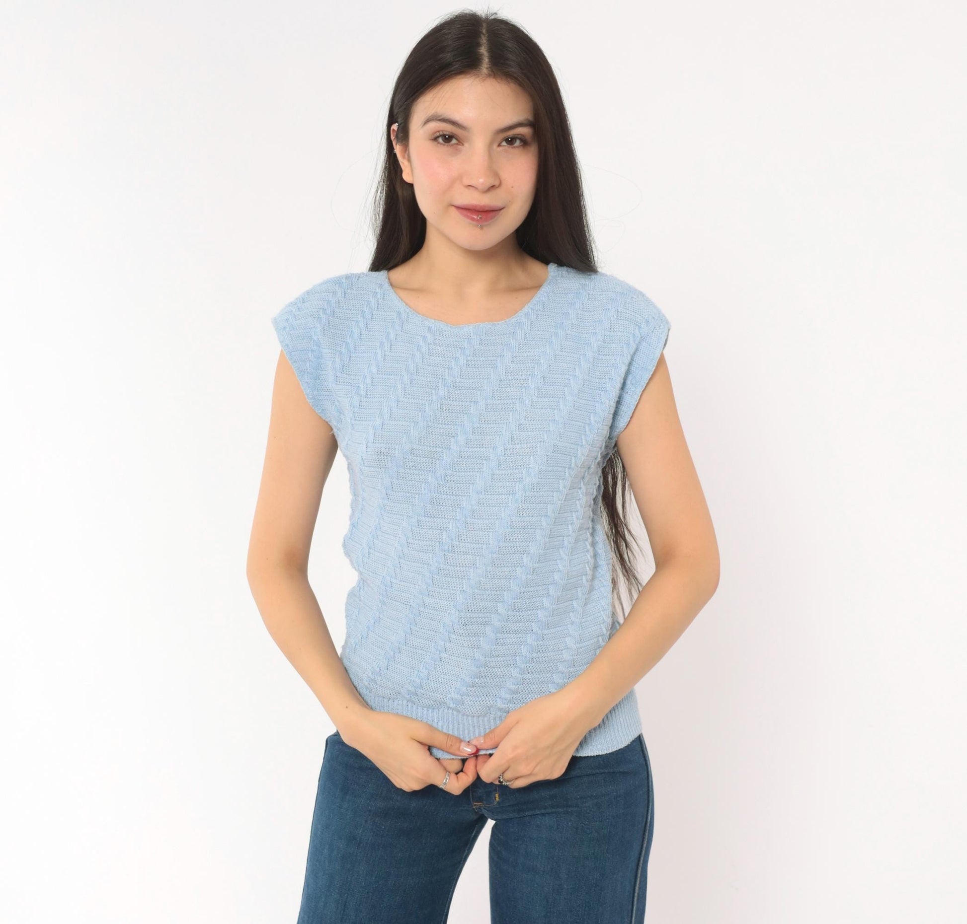 80s King Basketweave Knit Top Cap Sleeve Powder Blue Small Medium