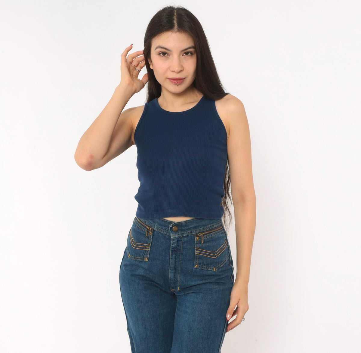 80s Navy Ribbed Tank Top Scoop Neckline Fitted Crop Cotton Extra Small XS