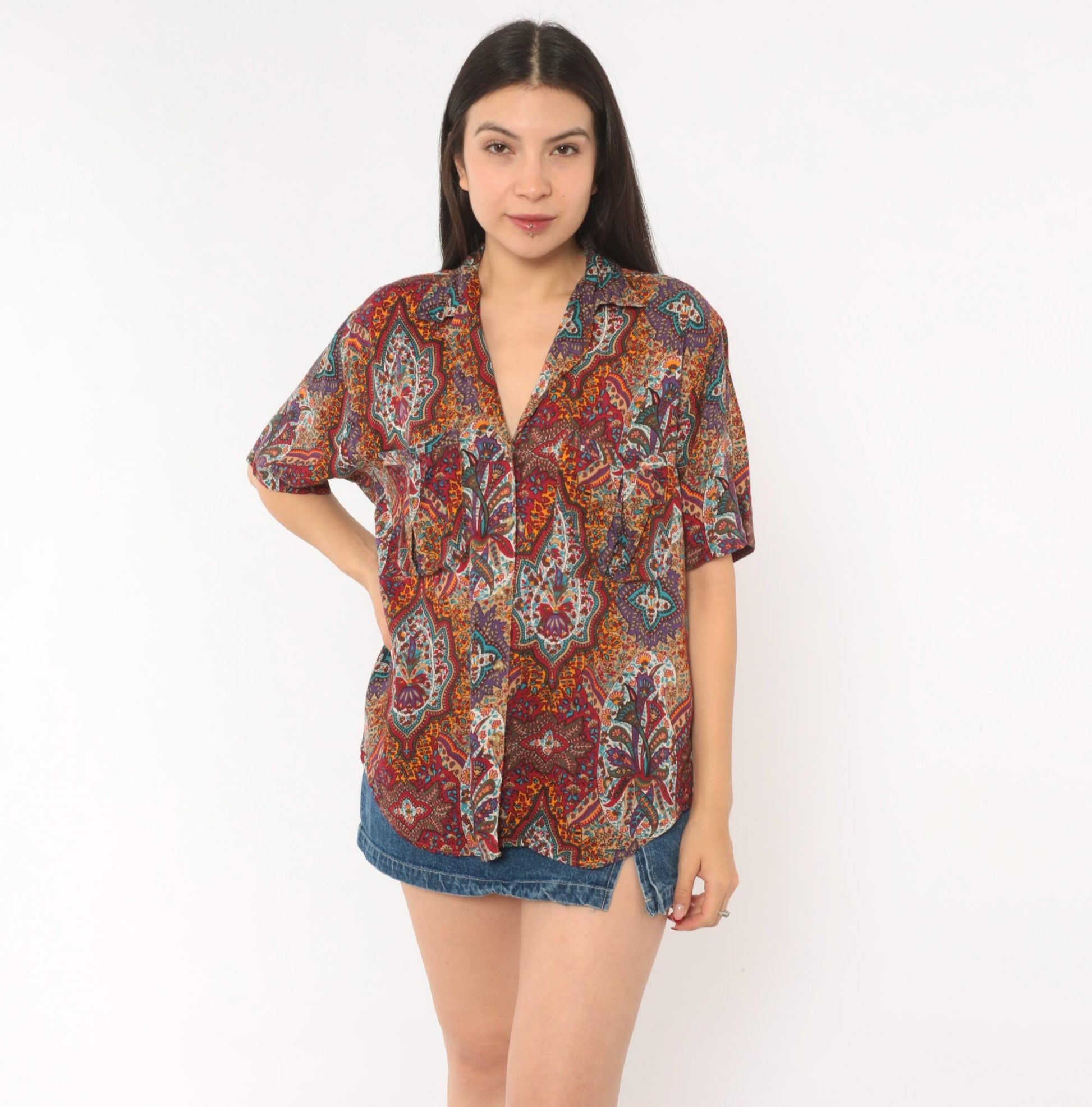 90s Outback Red Paisley Button Front Shirt Camp Collar Purple Medium M