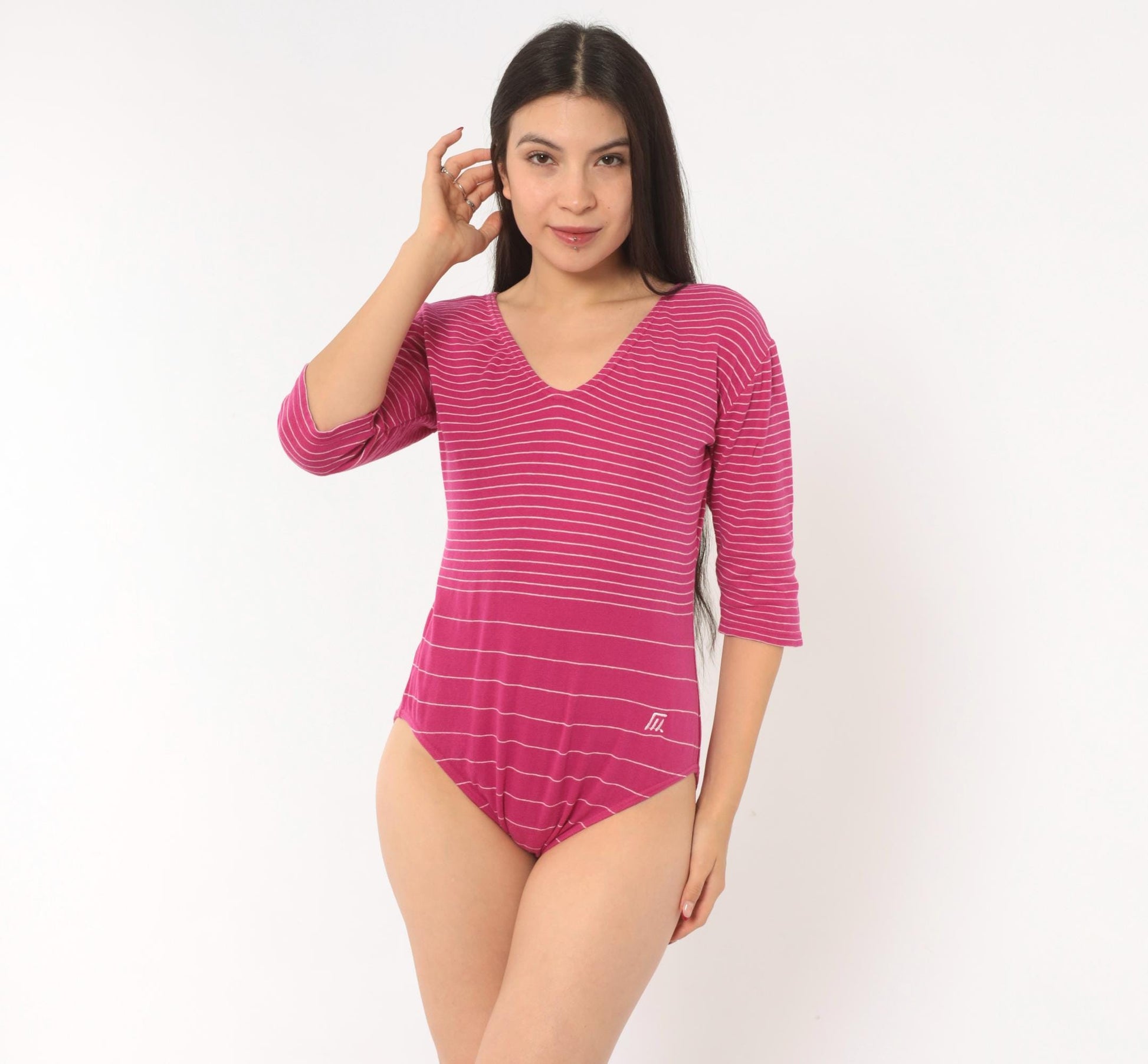 80s Pink White Striped Bodysuit Deep V-Neck Dolman Sleeve Snap Crotch Large L
