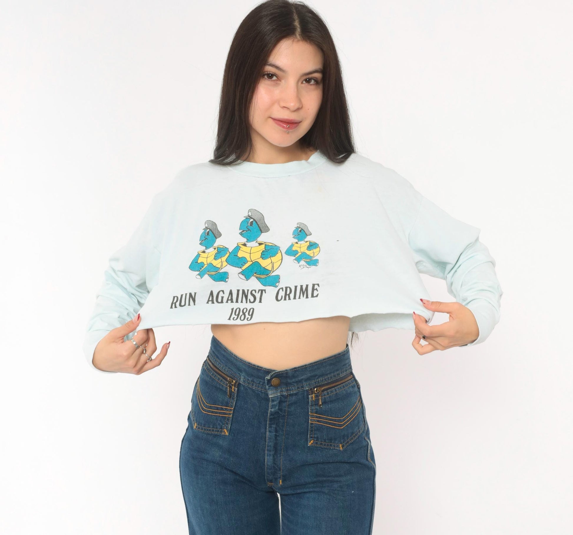 80s Run Against Crime 1989 Cartoon Turtle Police Crop Top Baby Blue Medium