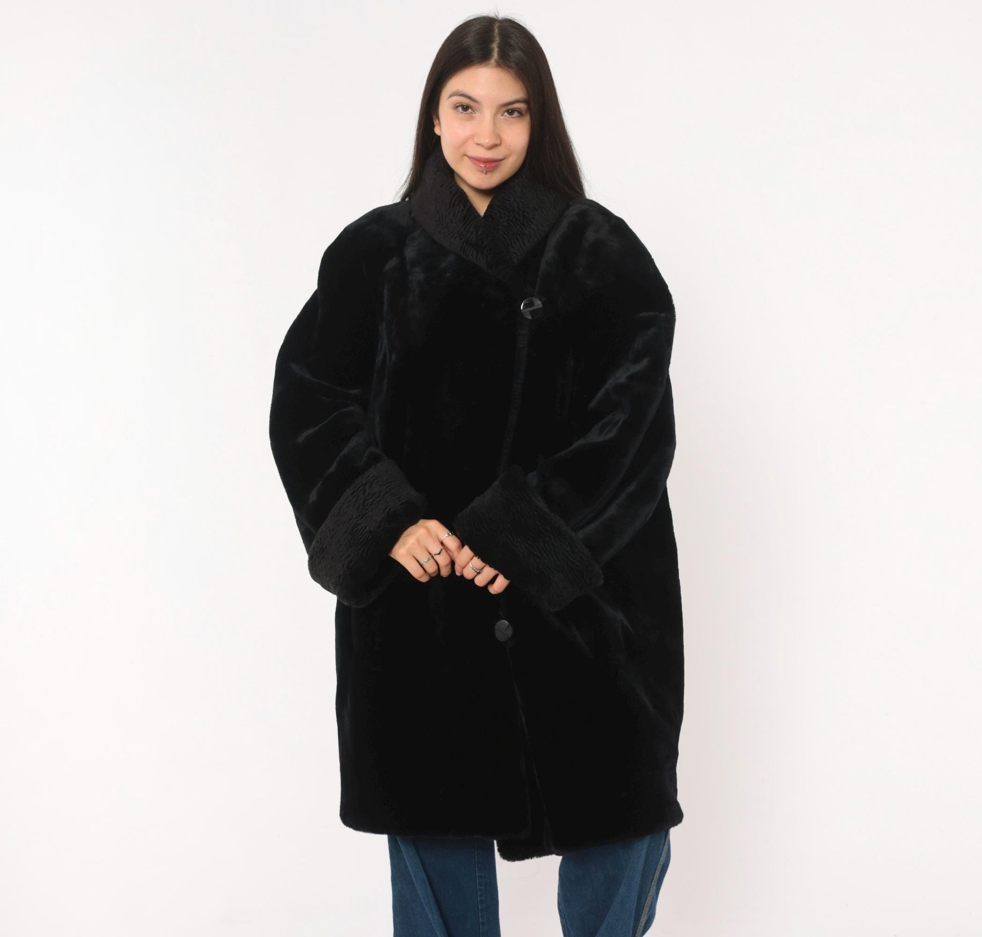 70s Gallery Black Faux Fur Coat Astrakhan Collar Knee-Length Extra Large XL