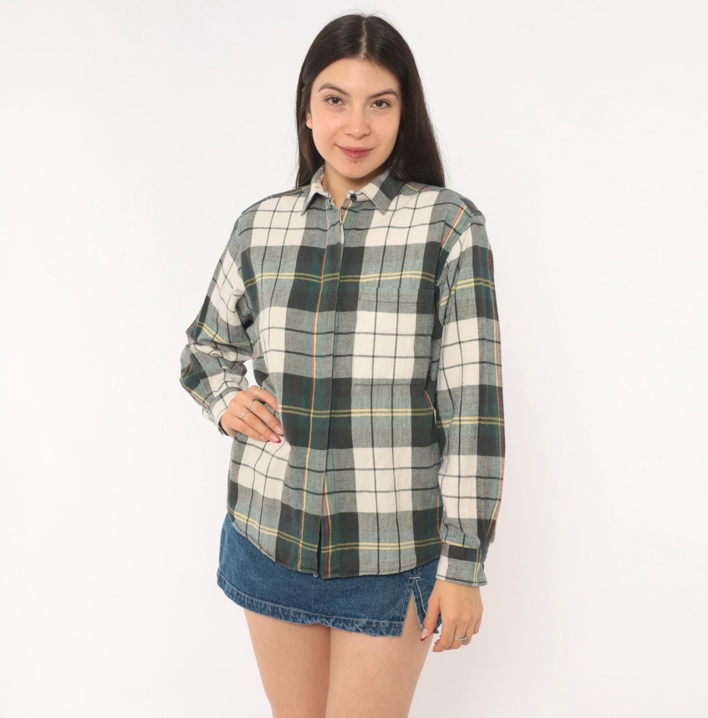 90s Diane Von Furstenberg Plaid Flannel Shirt Grey Green Cream Tartan Blouse
