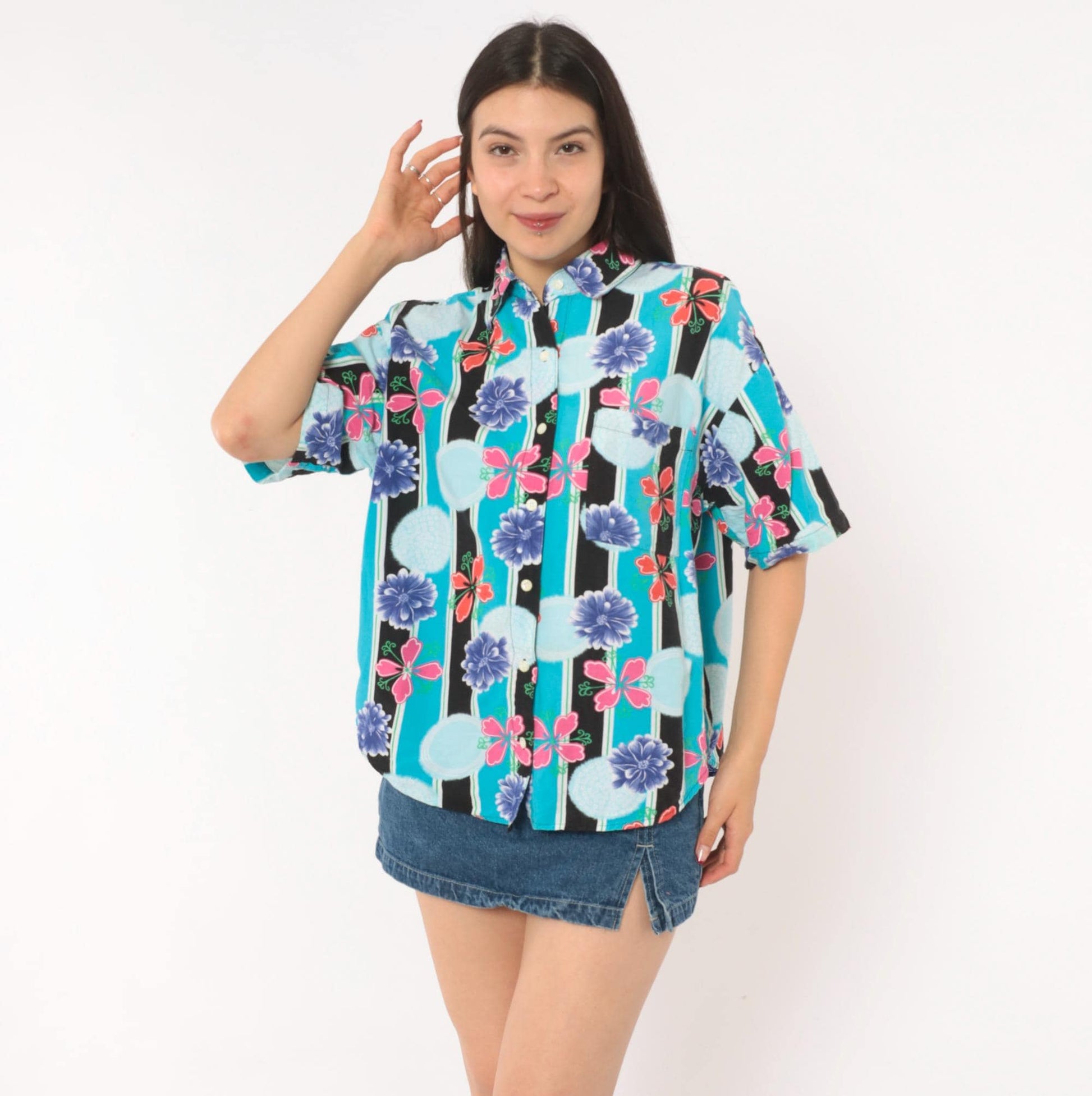 90s Justin Allen Chemise Floral Button Shirt Turquoise Chrysanthemum Medium M
