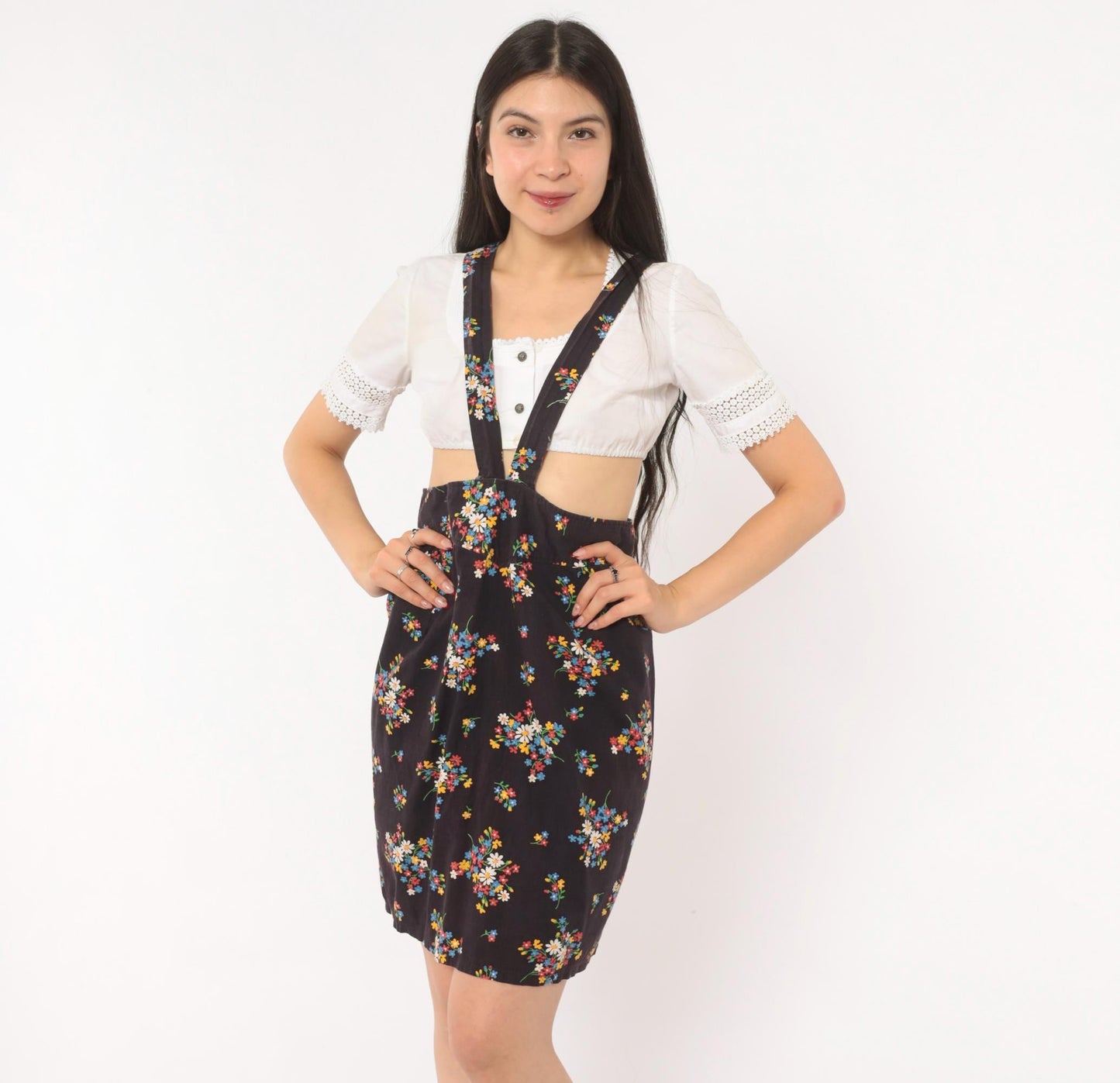 70s Black Floral Suspender Mini Dress Cotton Wildflower Print Small S