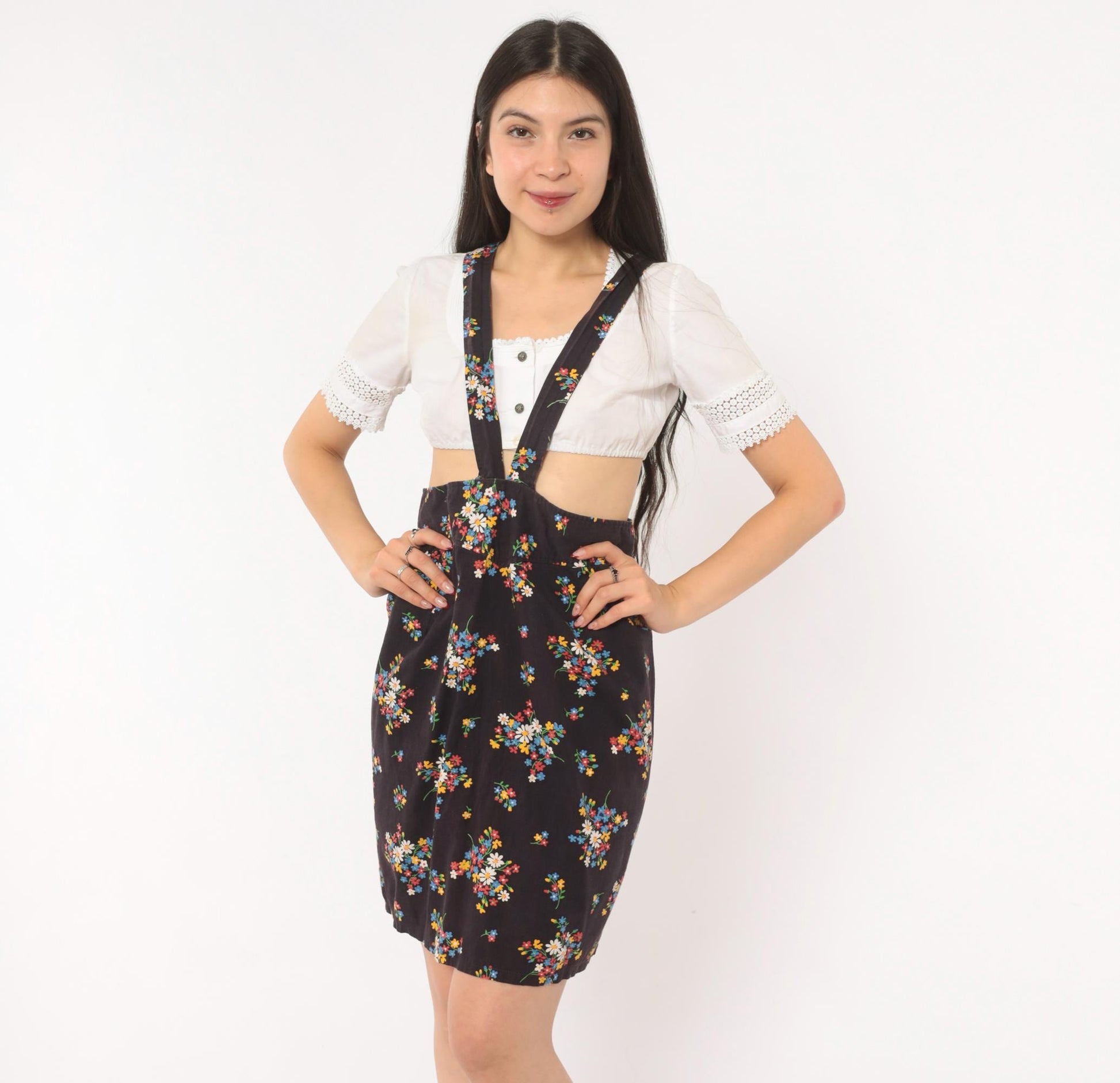 70s Black Floral Suspender Mini Dress Cotton Wildflower Print Small S