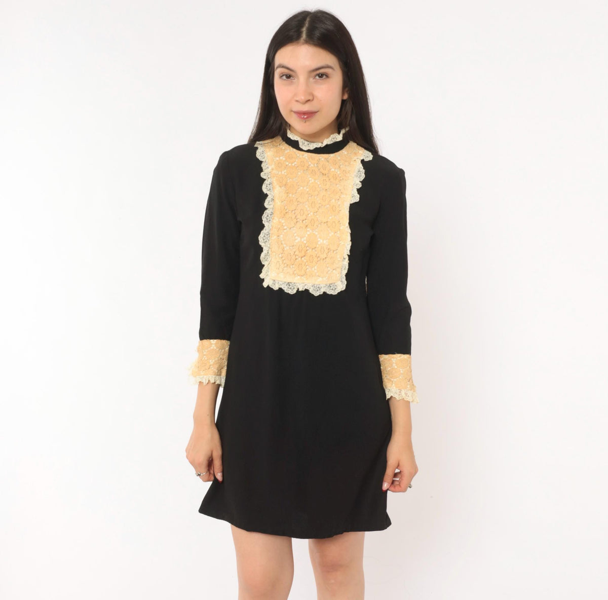60s Black Mini Shift Dress Cream Lace Bib Mock Neck Ruffle Cuff Extra Small