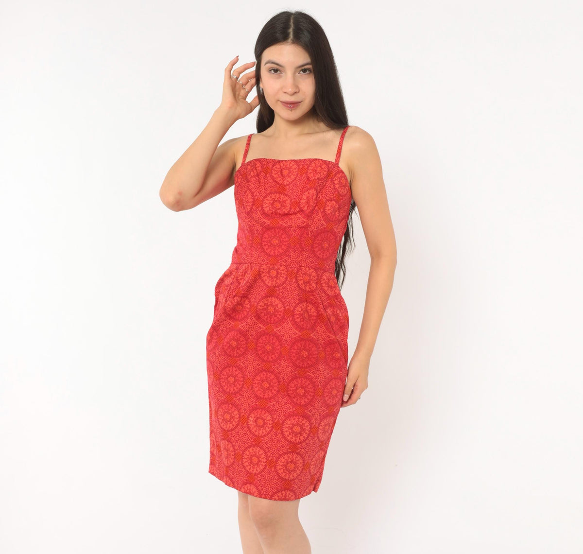 60s Medallion Print Sundress Red Orange Square Neckline Fitted Bodice Small
