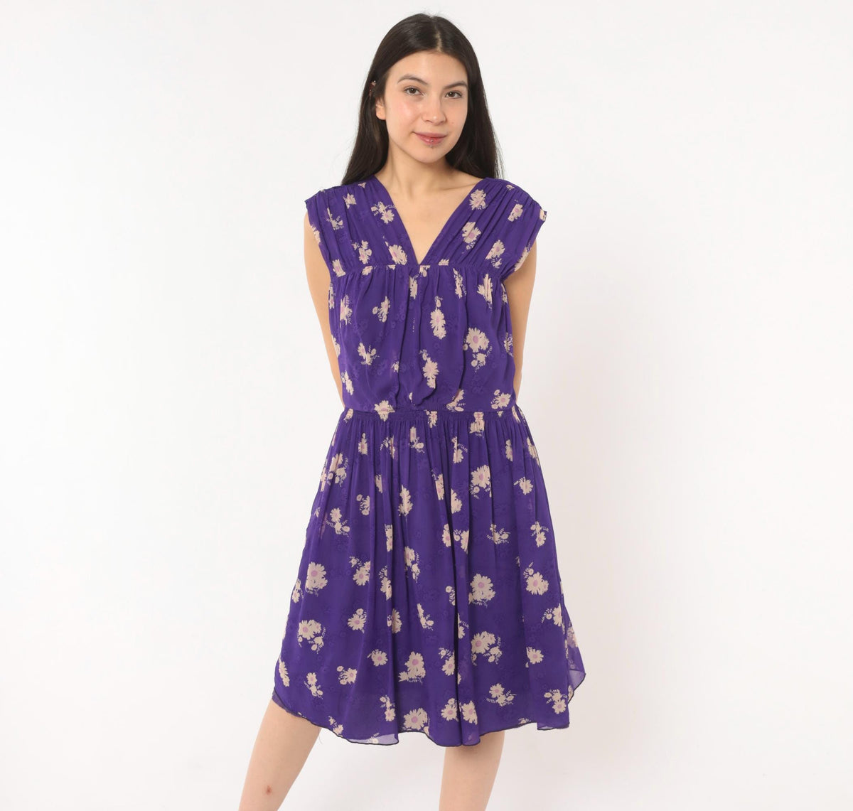 Anna Sui 2000s Purple Silk Dress Daisy Floral V-Neck Cap Sleeve Medium M