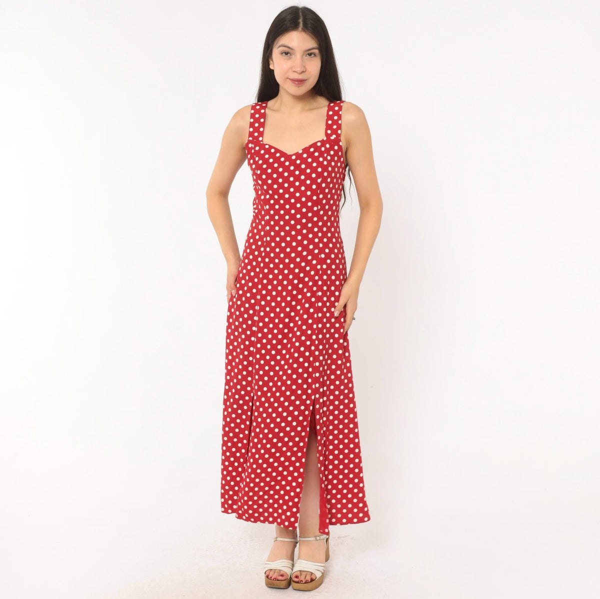 90s Gaccina Red White Polka Dot Midi Sundress Sweetheart Neckline Extra Small XS
