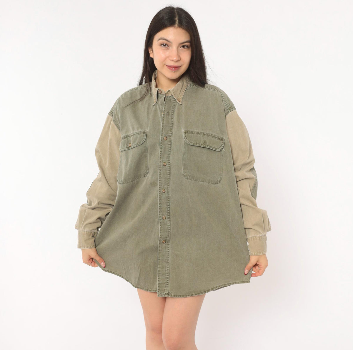 90s Redhead Two-Tone Corduroy Button-Up Shirt Olive Tan Large L