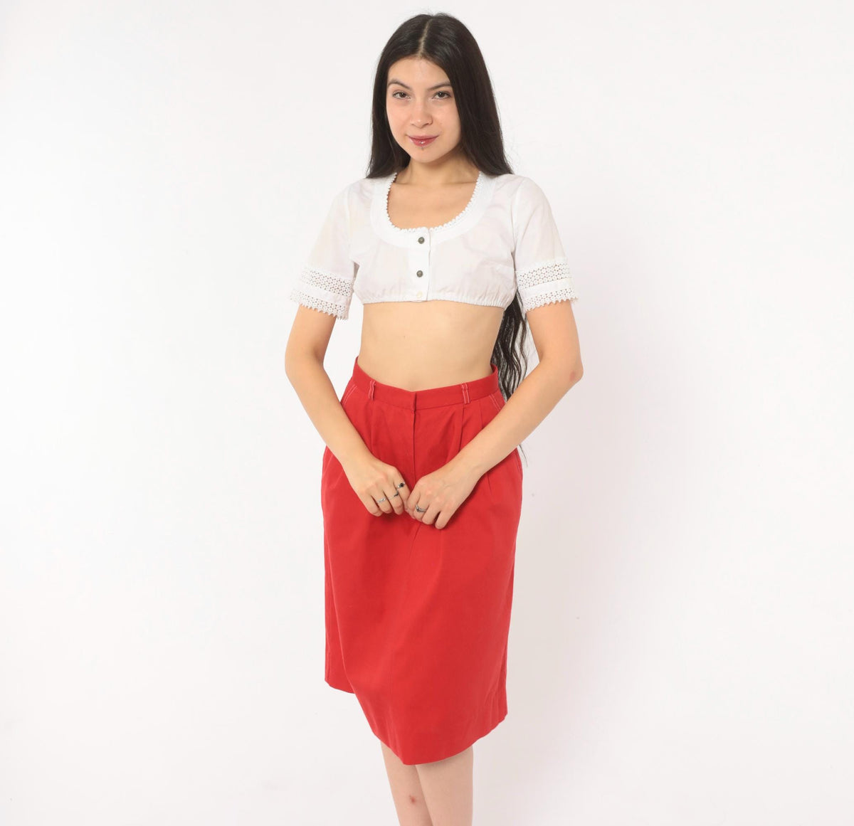 80s Country Suburbans Red Pleated Pencil Skirt Knee Length High Waist Extra Small