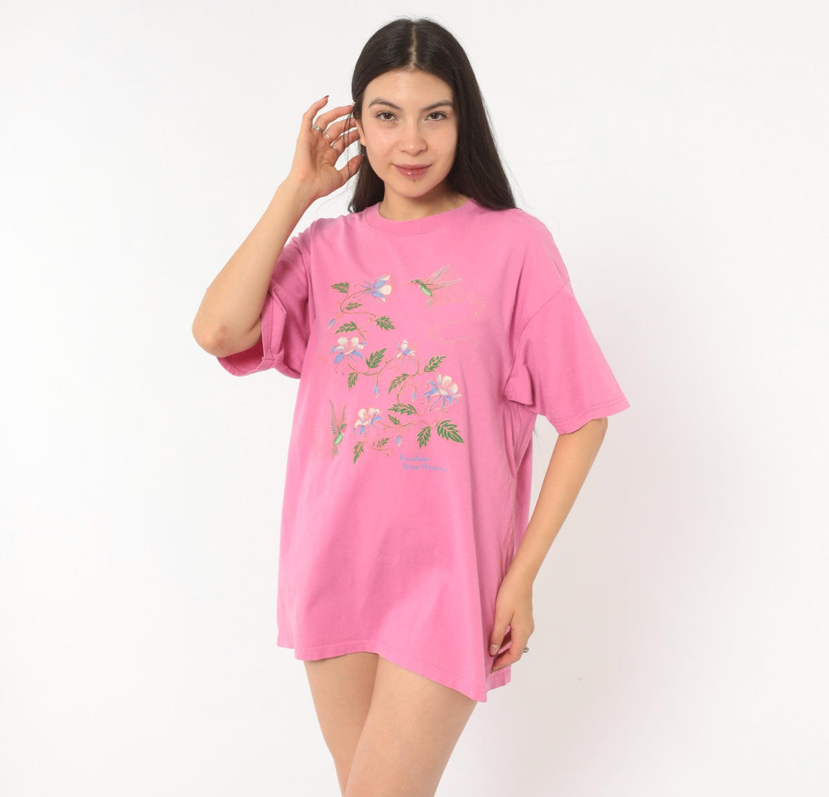 2000s Sportex Hummingbird Floral Graphic Tee Pink Cotton Ruidoso New Mexico Large L