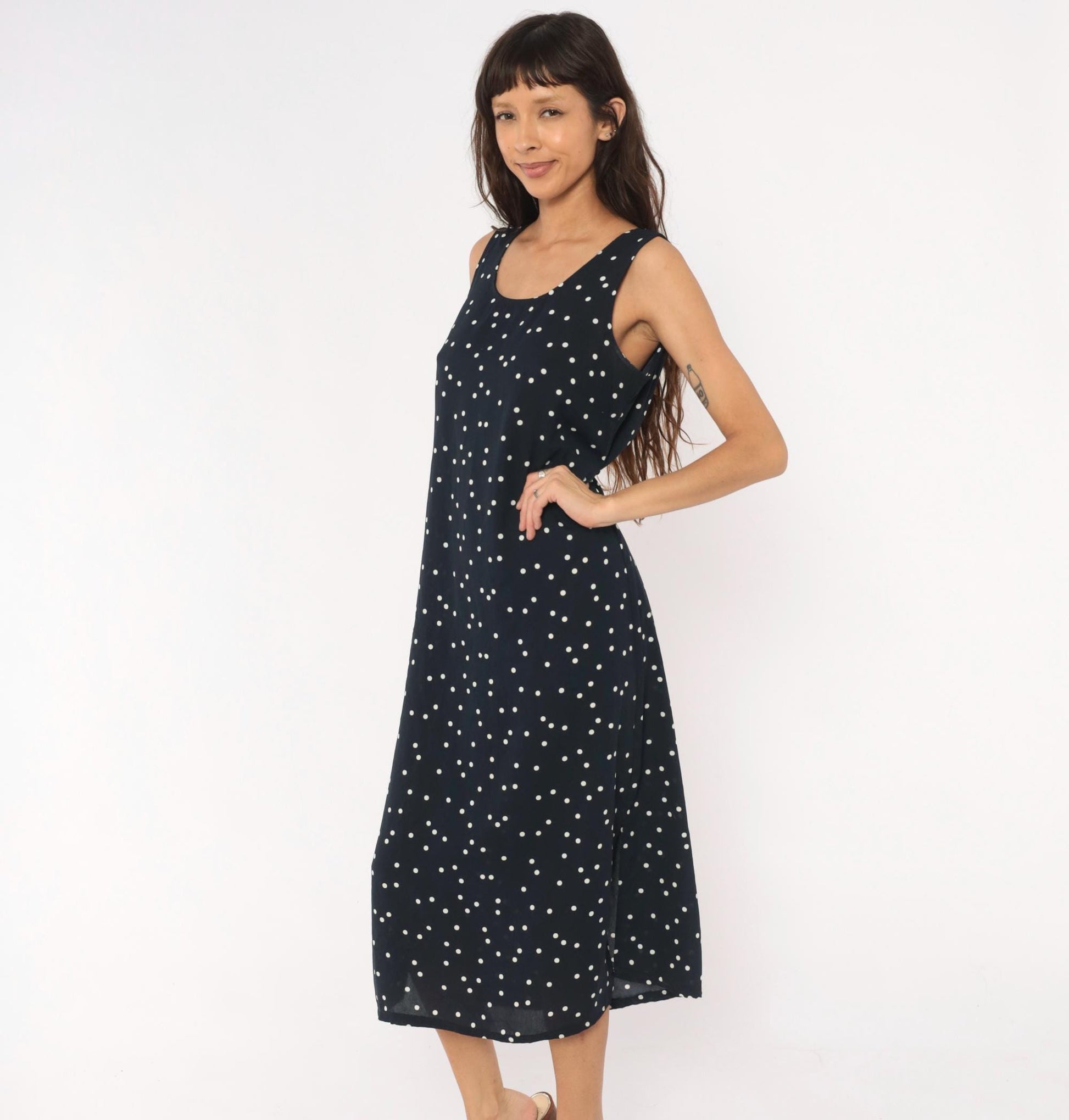 90s Navy Polka Dot Midi Dress Sleeveless Scoop Neck White Spotted Medium