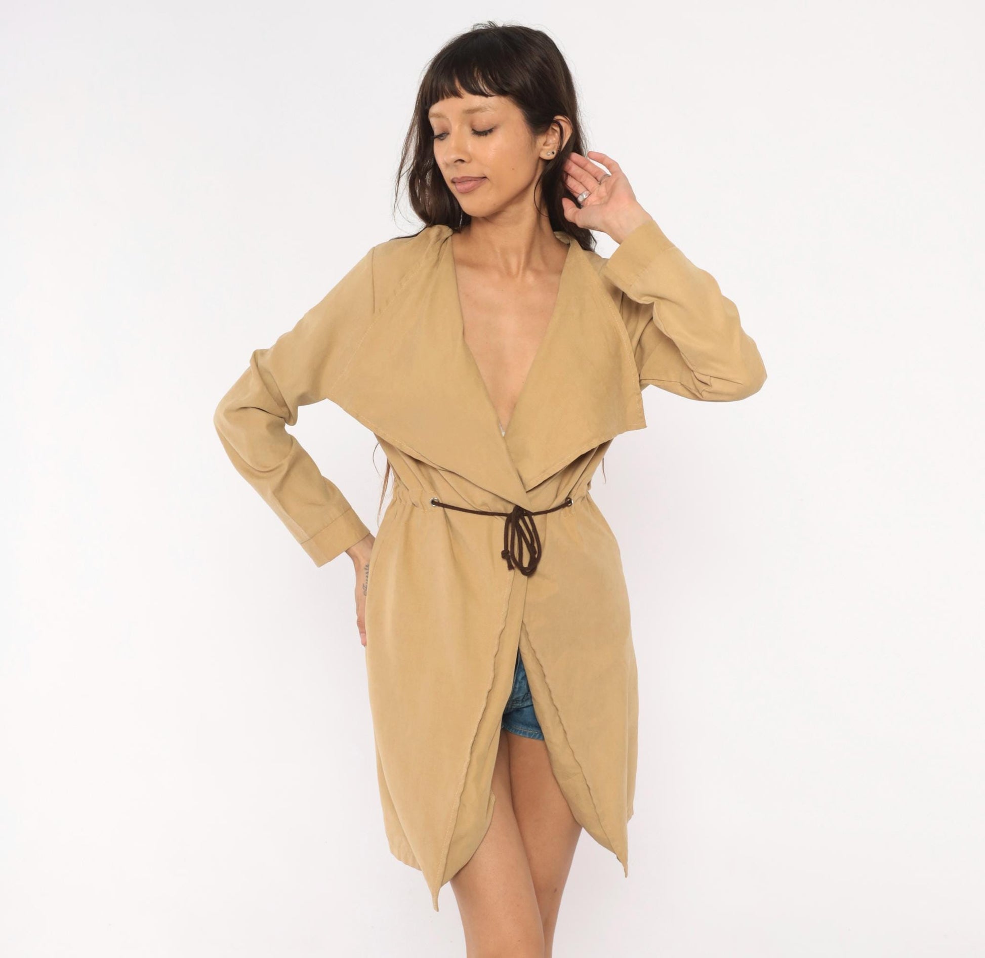 Y2K Tan Draped Waterfall Collar Trench Coat Knee-Length Medium M
