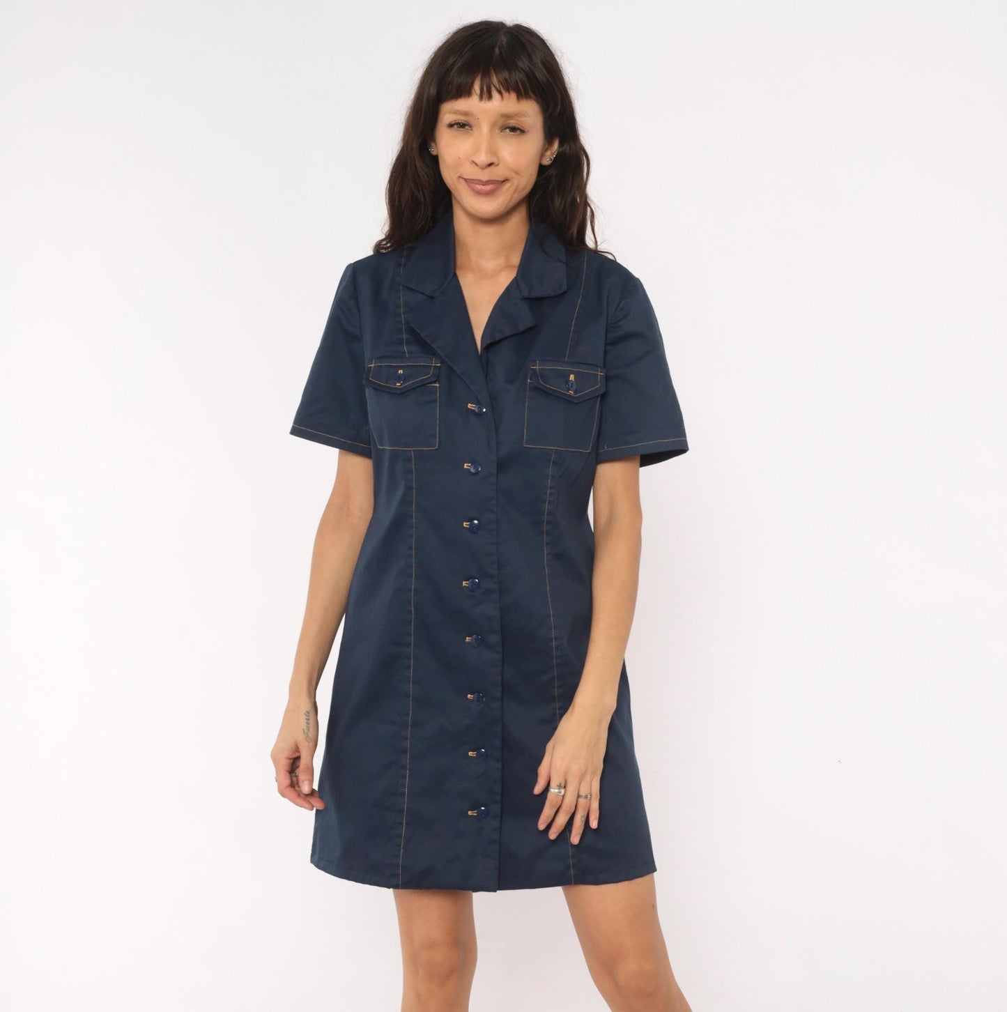 60s Navy Cotton Shirt Dress Button Front Notched Collar A-Line Medium M