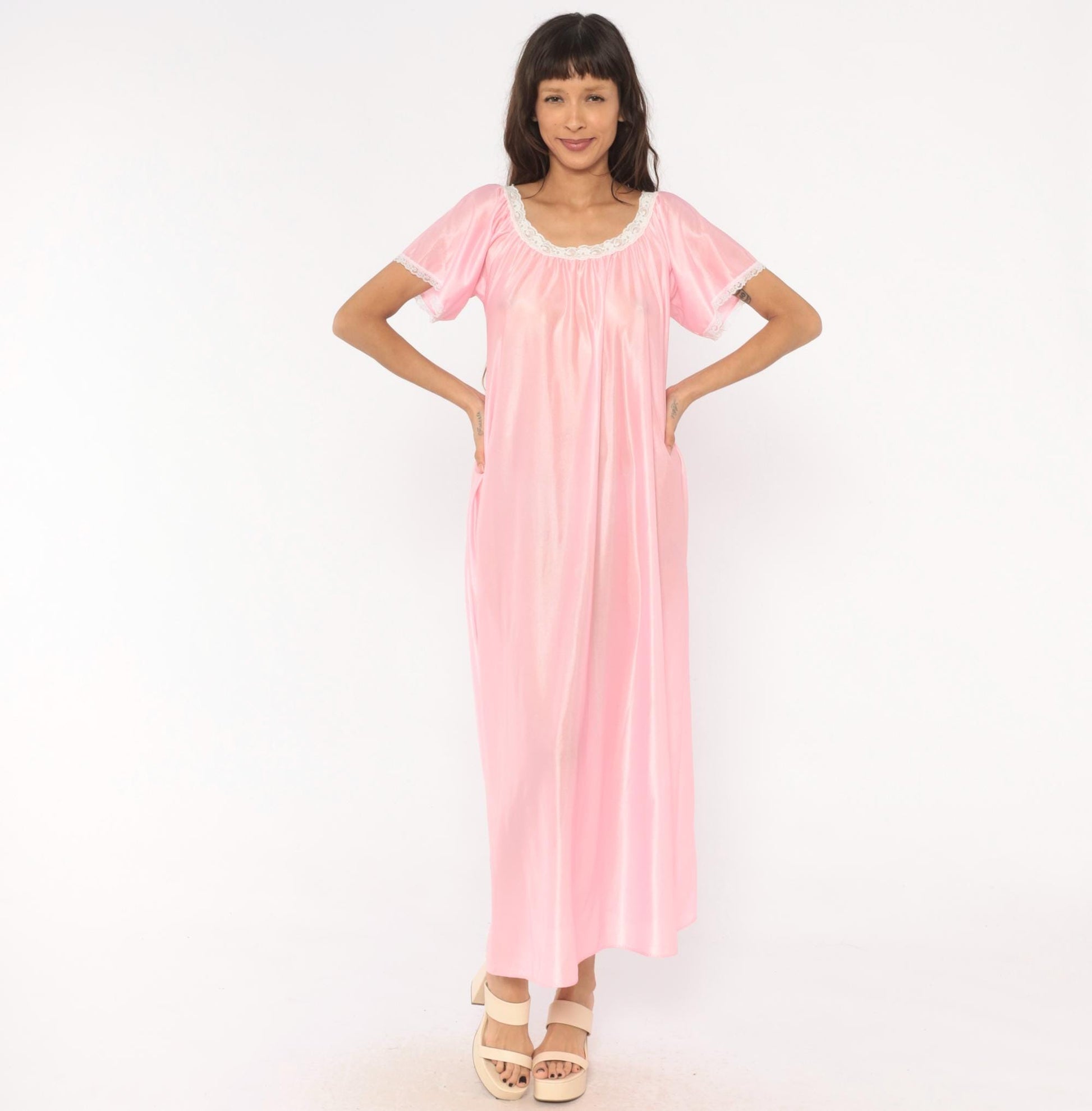 80s Private Moments Pink Maxi Nightgown Lace Trim Flutter Sleeve One Size