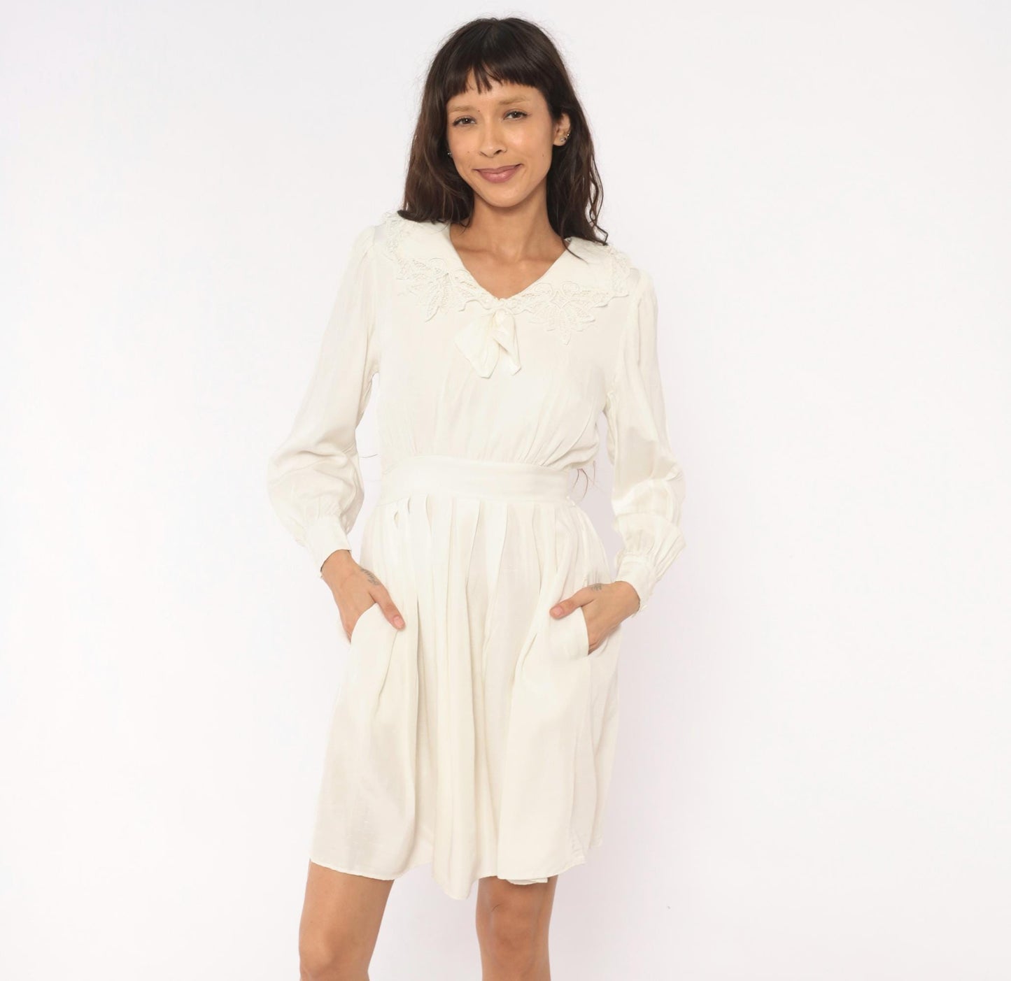 80s Lanz Originals Cream Lace Collar Puff Sleeve Dress Pleated Skirt Small S