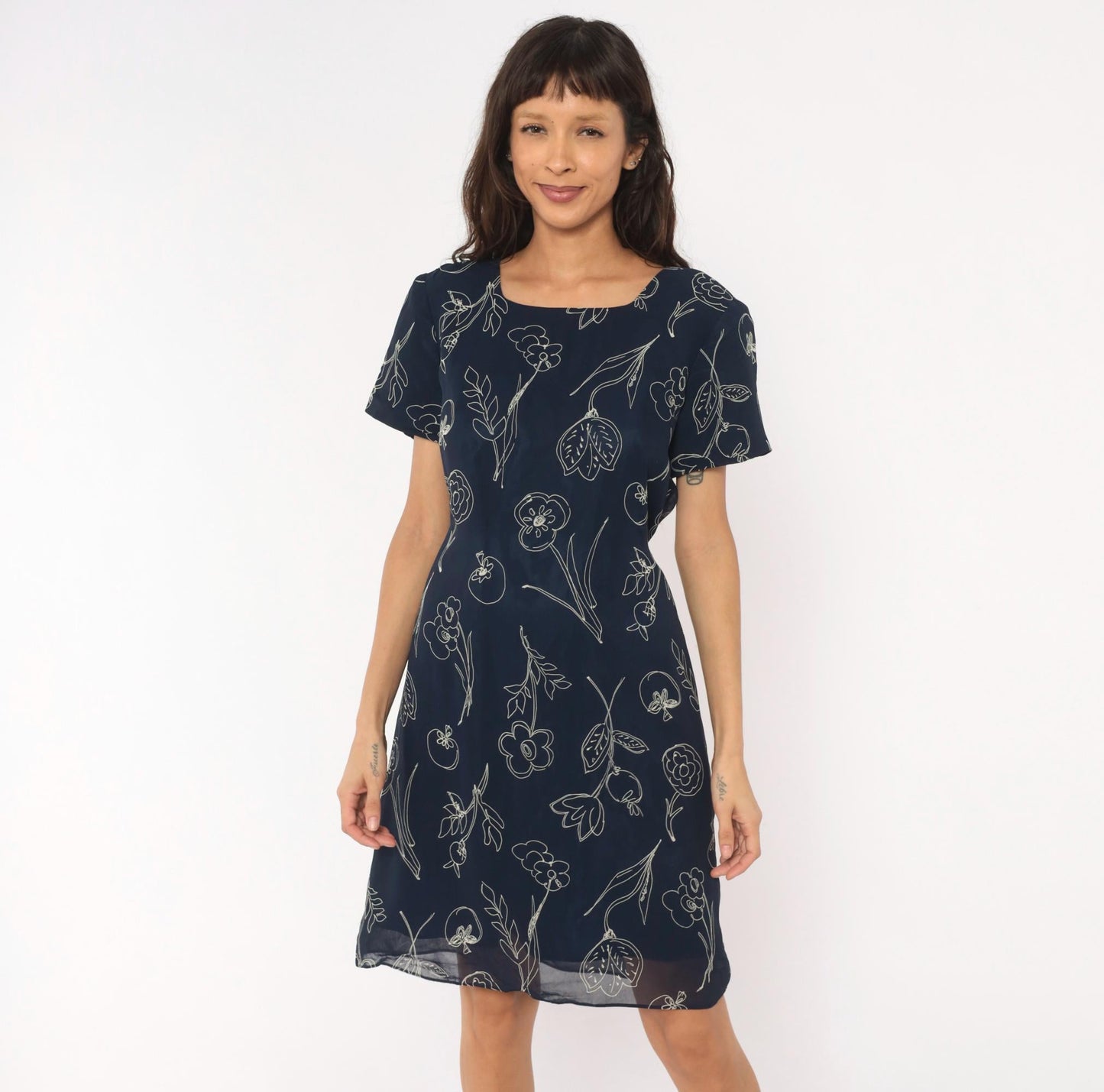 90s Talbots Navy Botanical Line Drawing Knee Dress White Floral Scoop Neck Large L