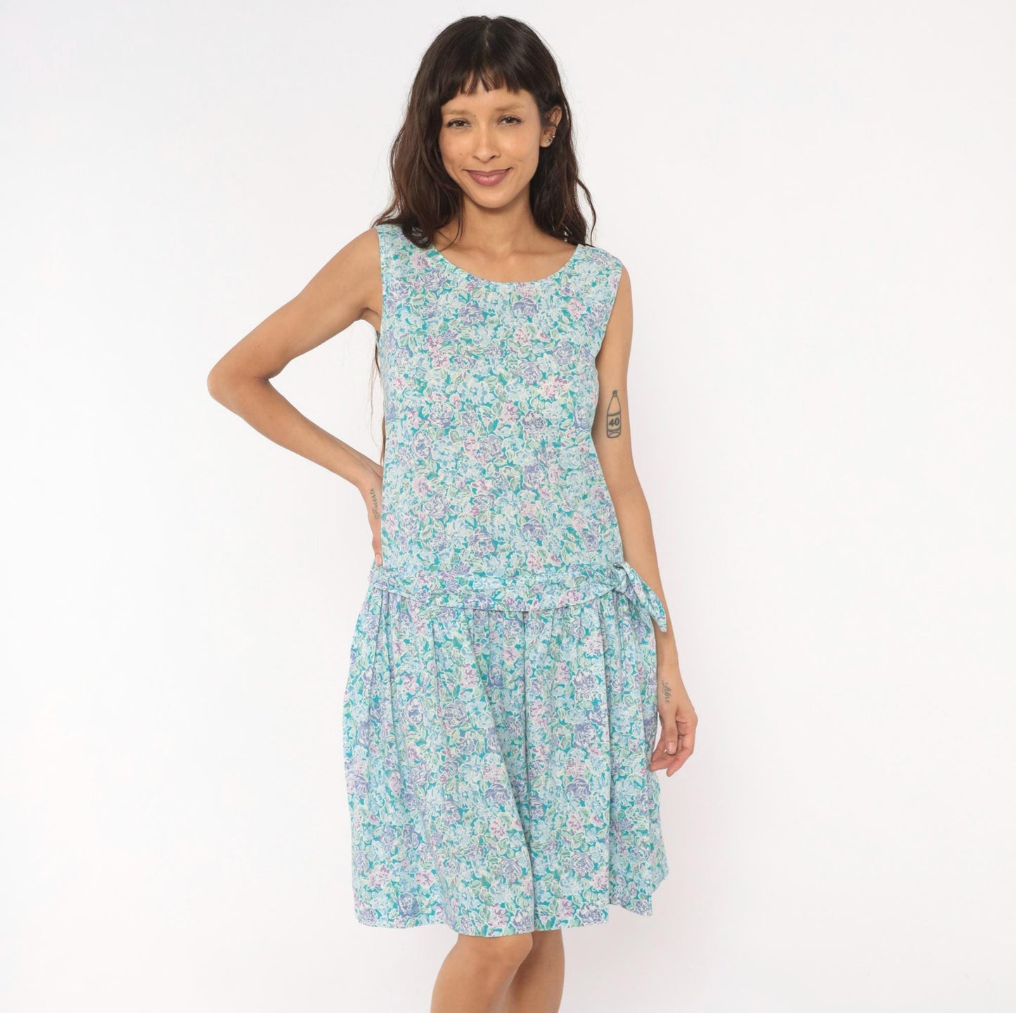 90s Laura Ashley Floral Cotton Sundress Drop Waist Knee-Length Small