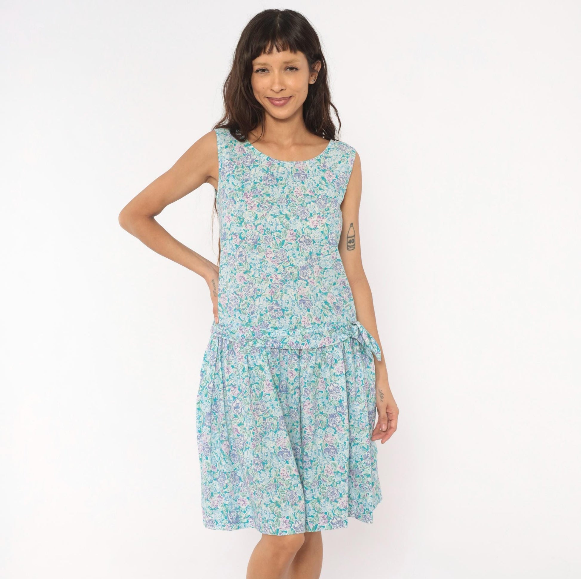 90s Laura Ashley Floral Cotton Sundress Drop Waist Knee-Length Small