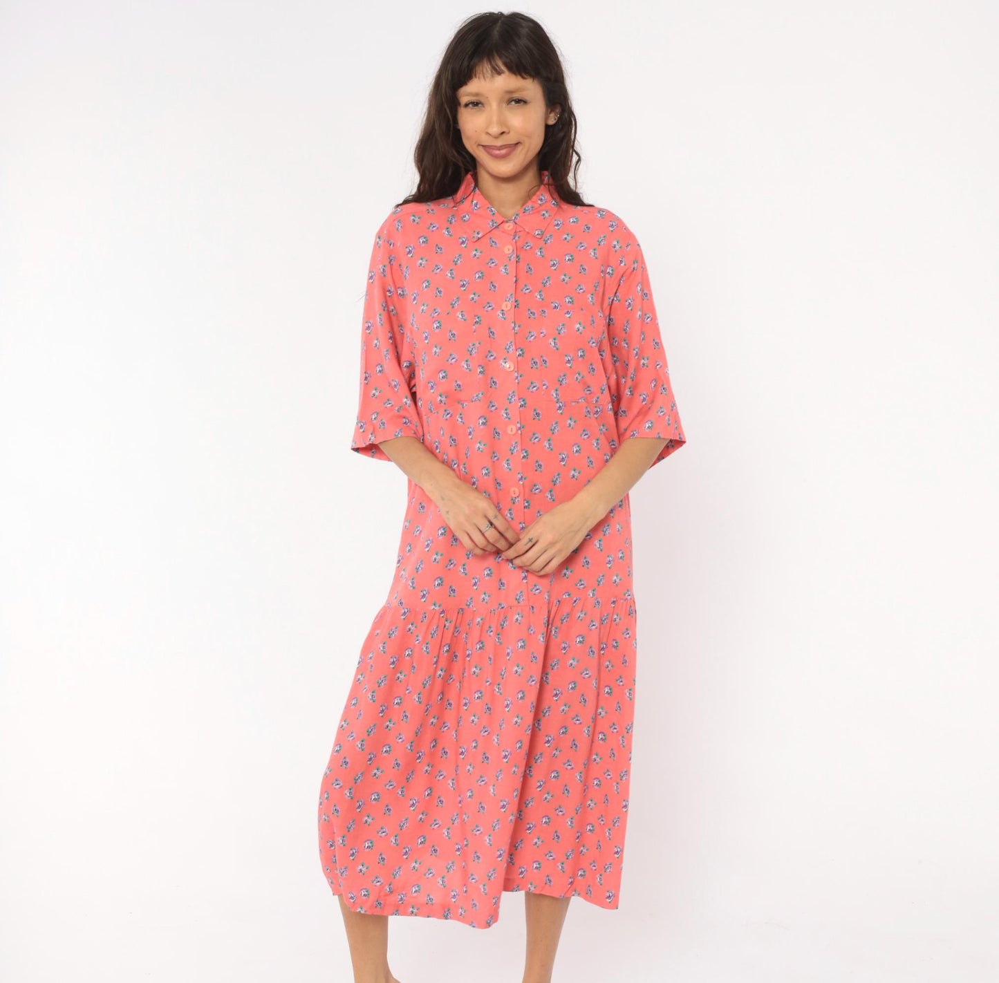 90s Mothercare Maternity Coral Rose Print Midi Dress Button Front Large L