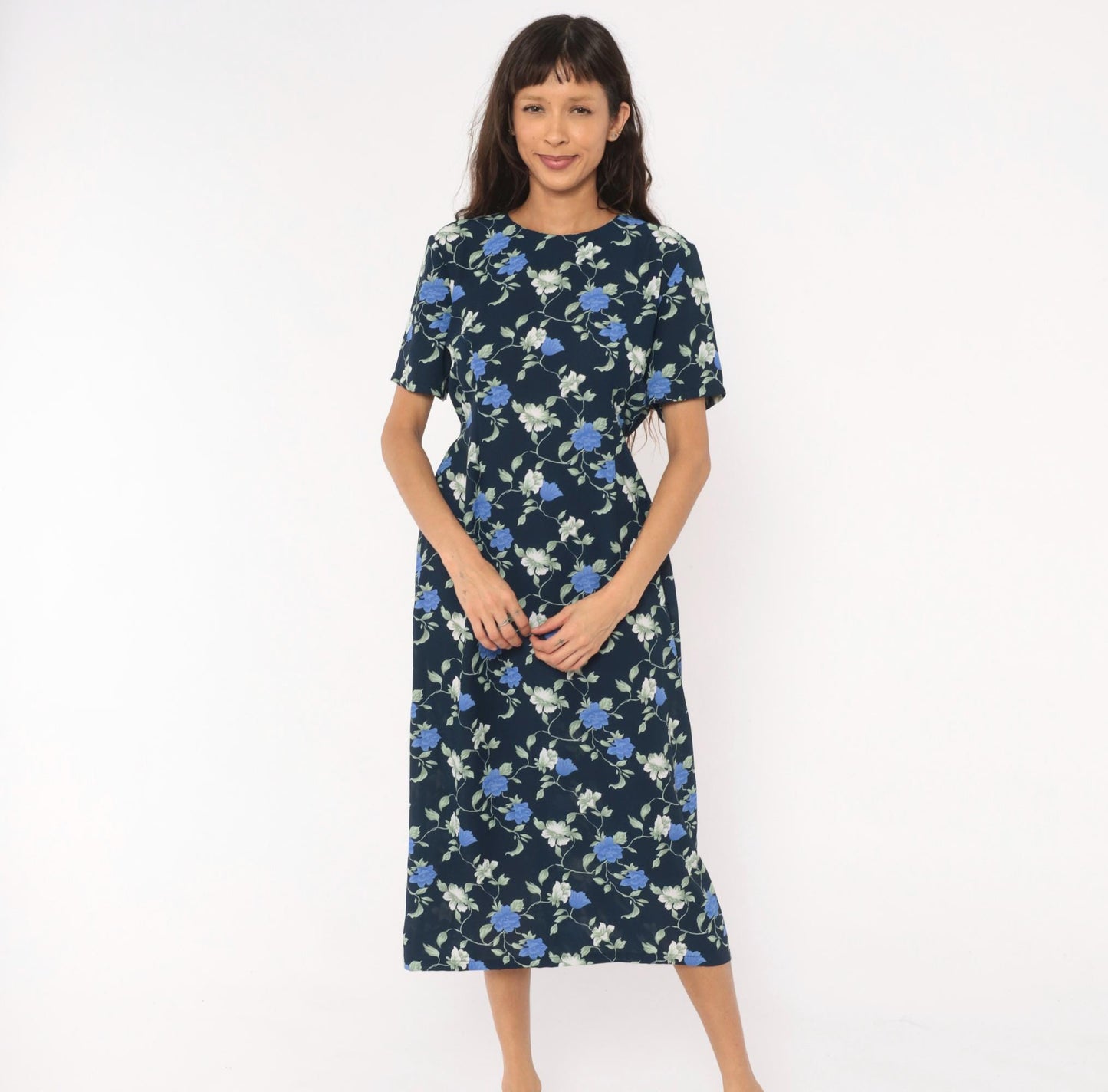 90s J.E. Fashion Floral Midi Dress Navy Blue Rose Print Short Sleeve Medium M