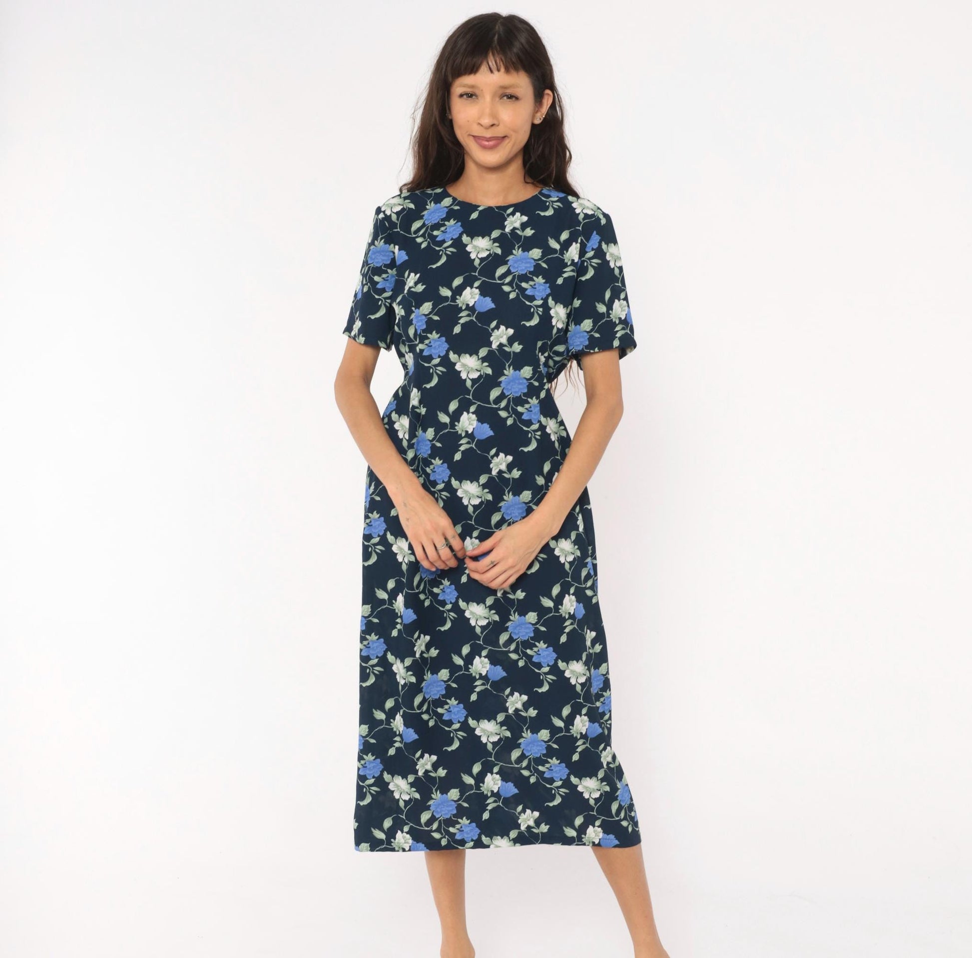 90s J.E. Fashion Floral Midi Dress Navy Blue Rose Print Short Sleeve Medium M